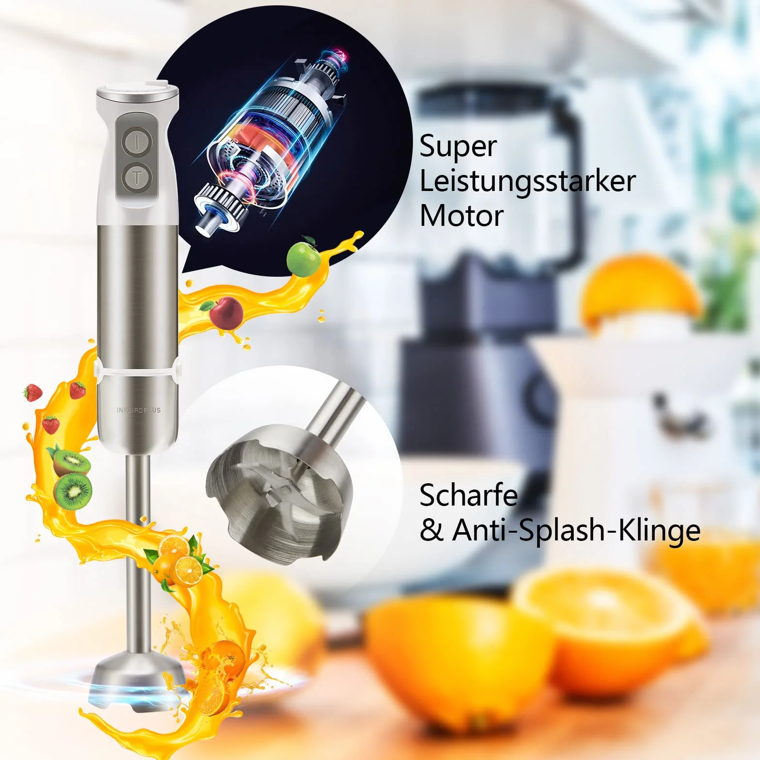 Inkbird Zestaw blendera ręcznego, 4 w 1, elektryczny blender ręczny z 6 sześcioma regulowanymi stopniami, zestaw blendera immersyjnego o mocy 600 W z kubkiem o pojemności 600 ml, miotełką do