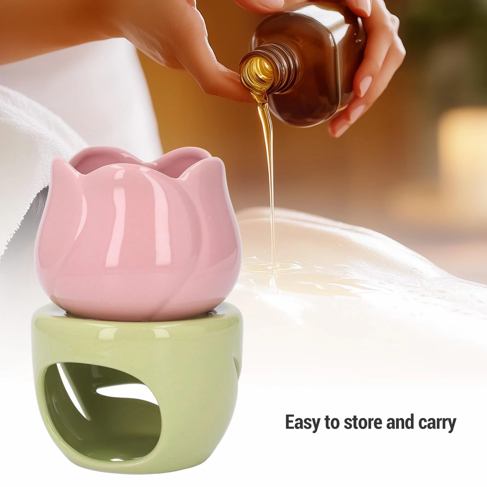 Ceramiczny Palnik do Aromaterapii Kominek na Olejki Eteryczne Różowy Kwiat Zielony Stojak