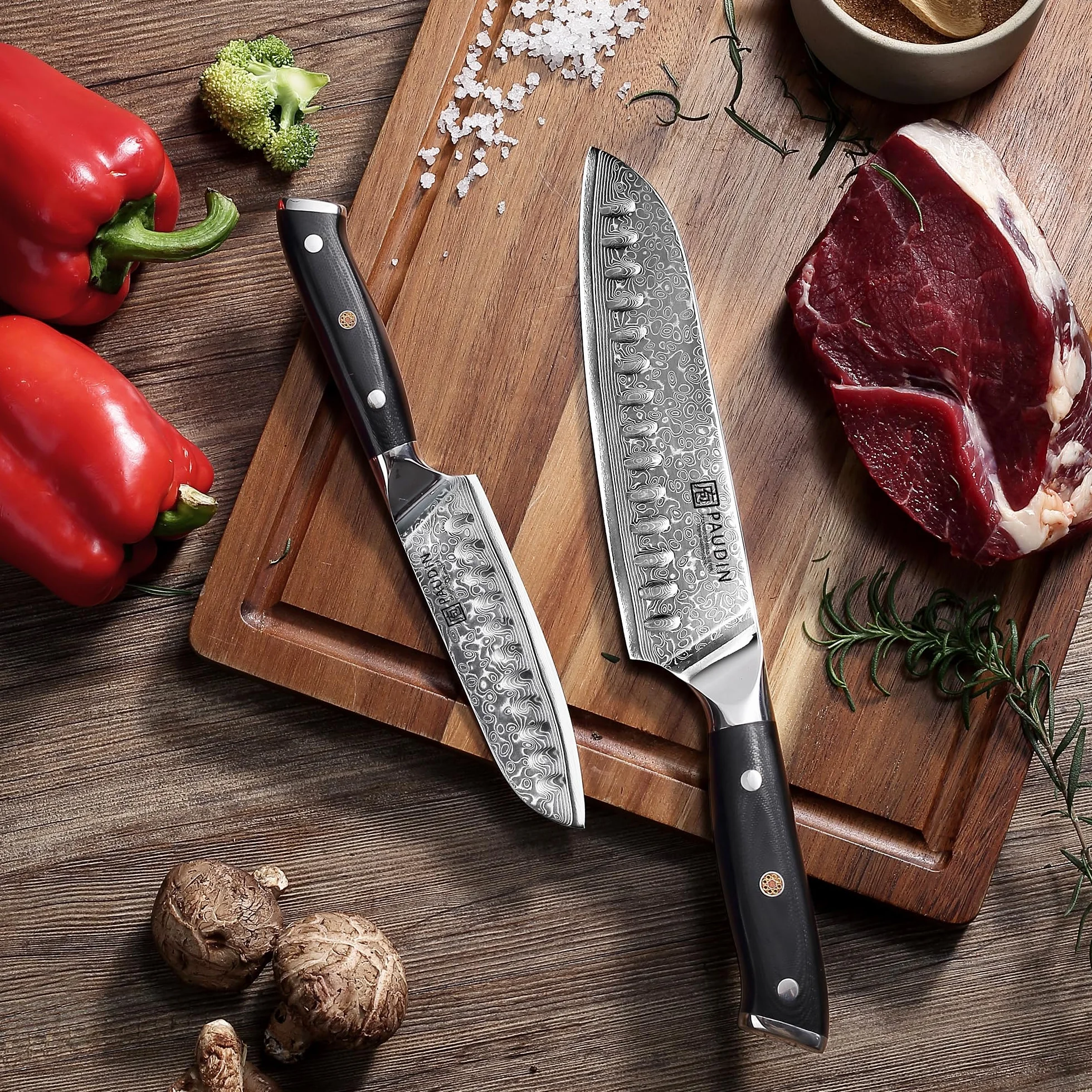 PAUDIN Zestaw noży damasceńskich 3 sztuki, zestaw noży kuchennych z adamaszku, ultra ostry nóż santoku, nóż kuchenny, 67 warstw stali damasceńskiej z rdzeniem ze stali VG10, ergonomiczny uchwyt G10