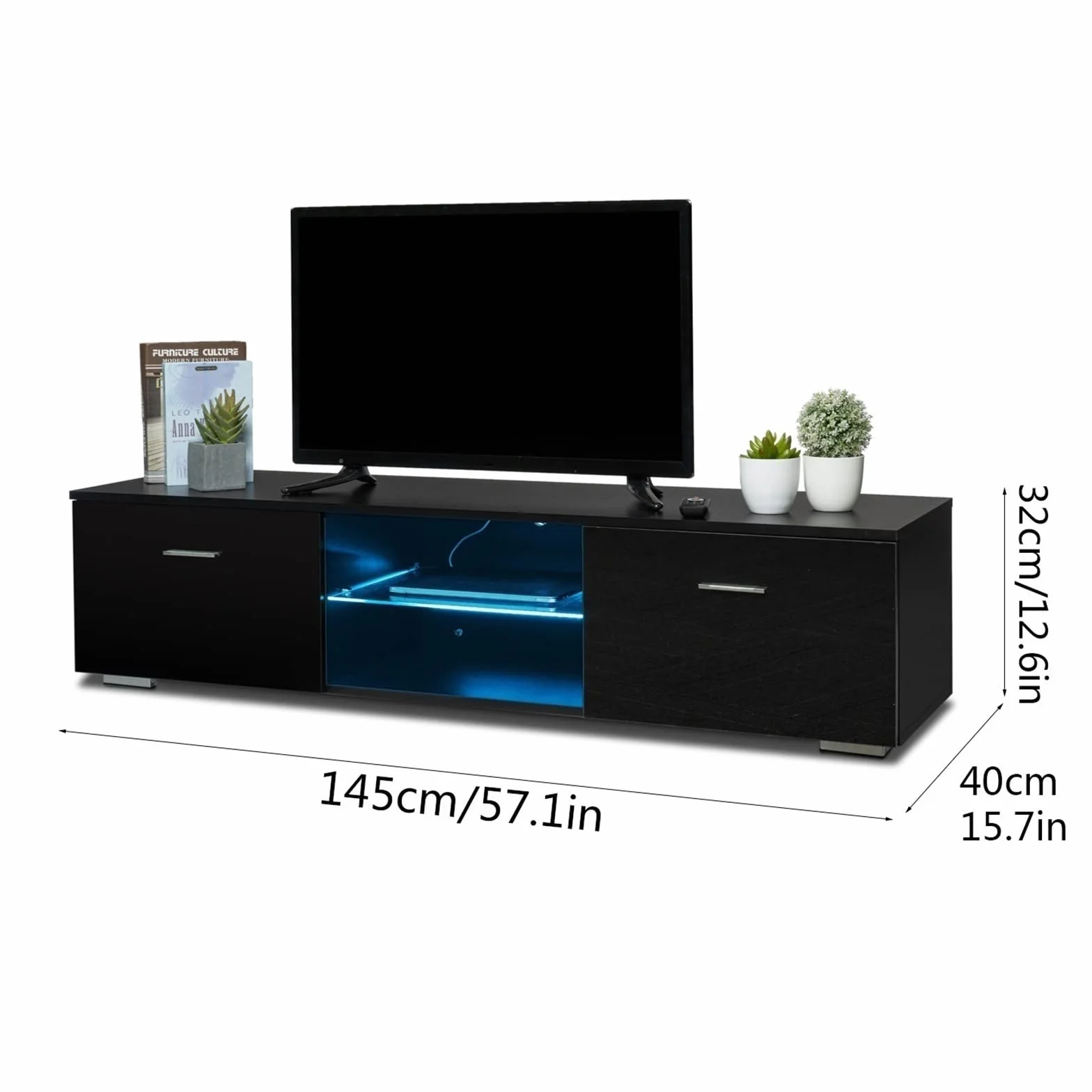 Salon Ławka pod telewizor LED Centrum rozrywki z 2 szufladami do przechowywania i szklanymi półkami, stojak pod telewizor, nowoczesna konsola multimedialna