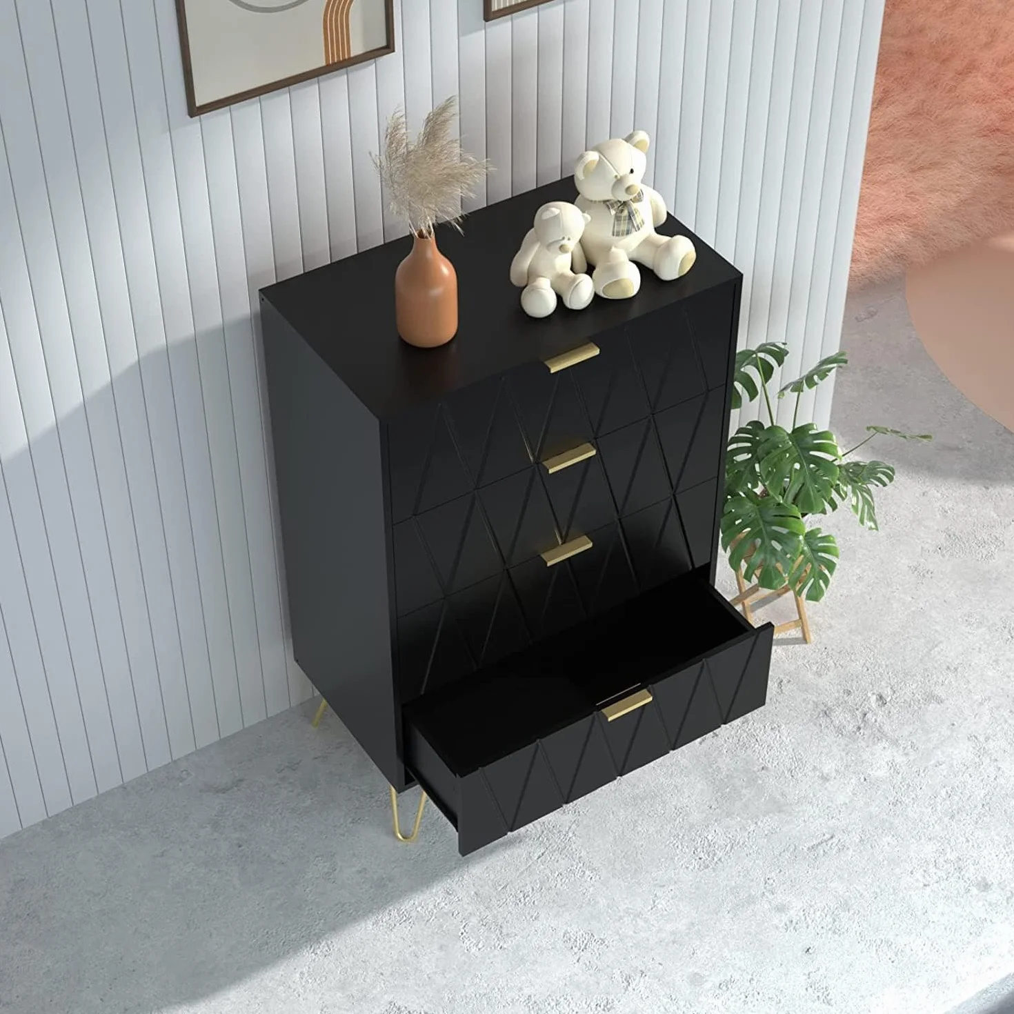 UEV Komoda z 4 szufladami z nowoczesnym wzorem linii, 34 x 60 x 91 cm, czarna | Drewniana komoda do sypialni, złote uchwyty i nogi, meble do salonu