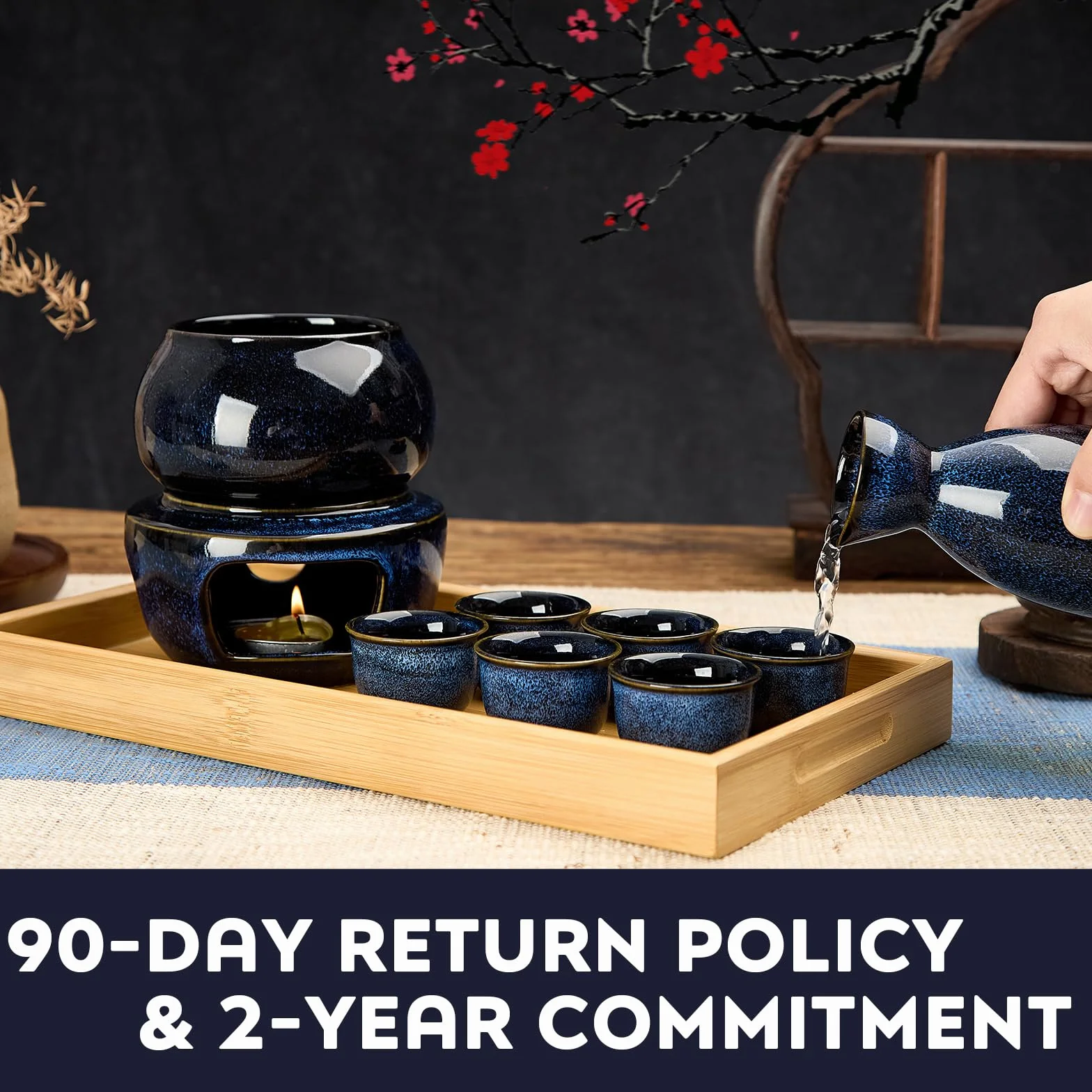 DUJUST 11-częściowy japoński zestaw do sake dla 6 osób, wypalane w piecu porcelanowe naczynia do sake, 6 filiżanek, 1 butelka, 1 podgrzewacz, 1 kuchenka na świecę, 1 taca i 1 pudełko, ciepła karafka