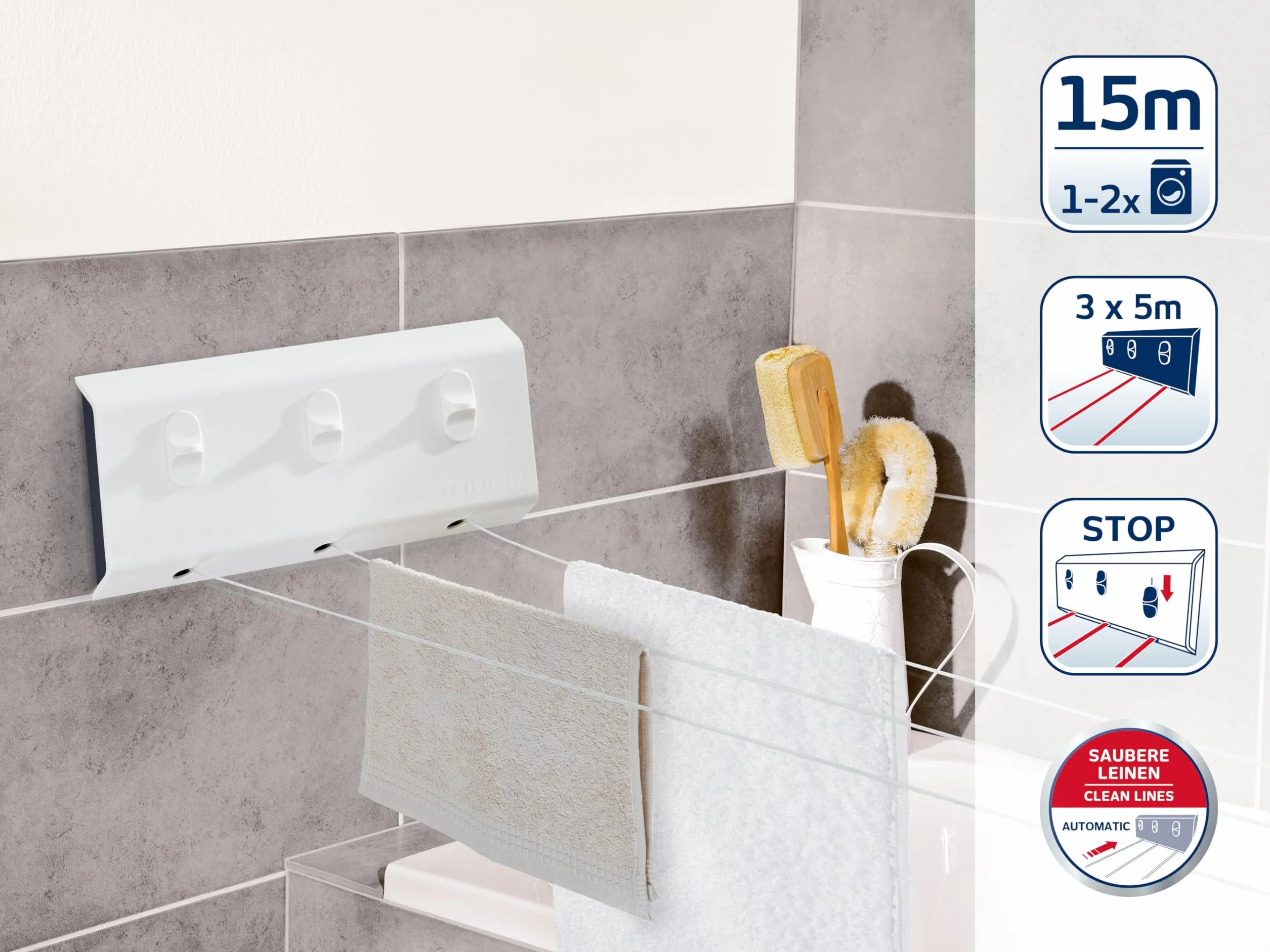 Leifheit suszarka ścienna Rollfix Triple 150 Longline, 3 × 5 m linki do prania, wysuwana suszarka na ścianę, oszczędzająca miejsce, do użytku wewnątrz i na zewnątrz