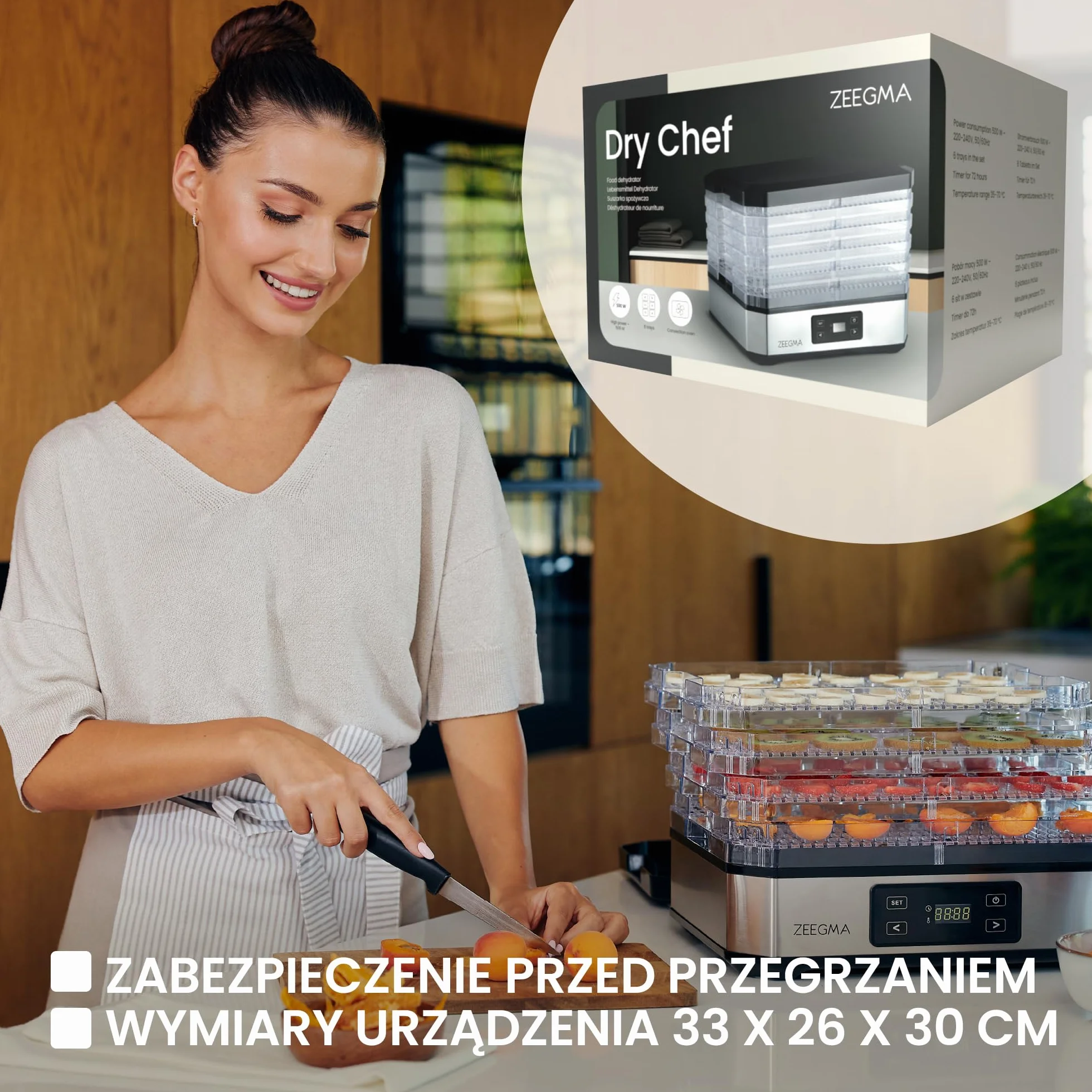 ZEEGMA DRY CHEF Suszarka do Żywności do Grzybów Moc 500 W, Suszarka Spożywcza do Owoców i Warzyw, 6 Pudełek Sit, Regulacja Temperatury 35-70˚C, Termoobieg, Timer do 72 h