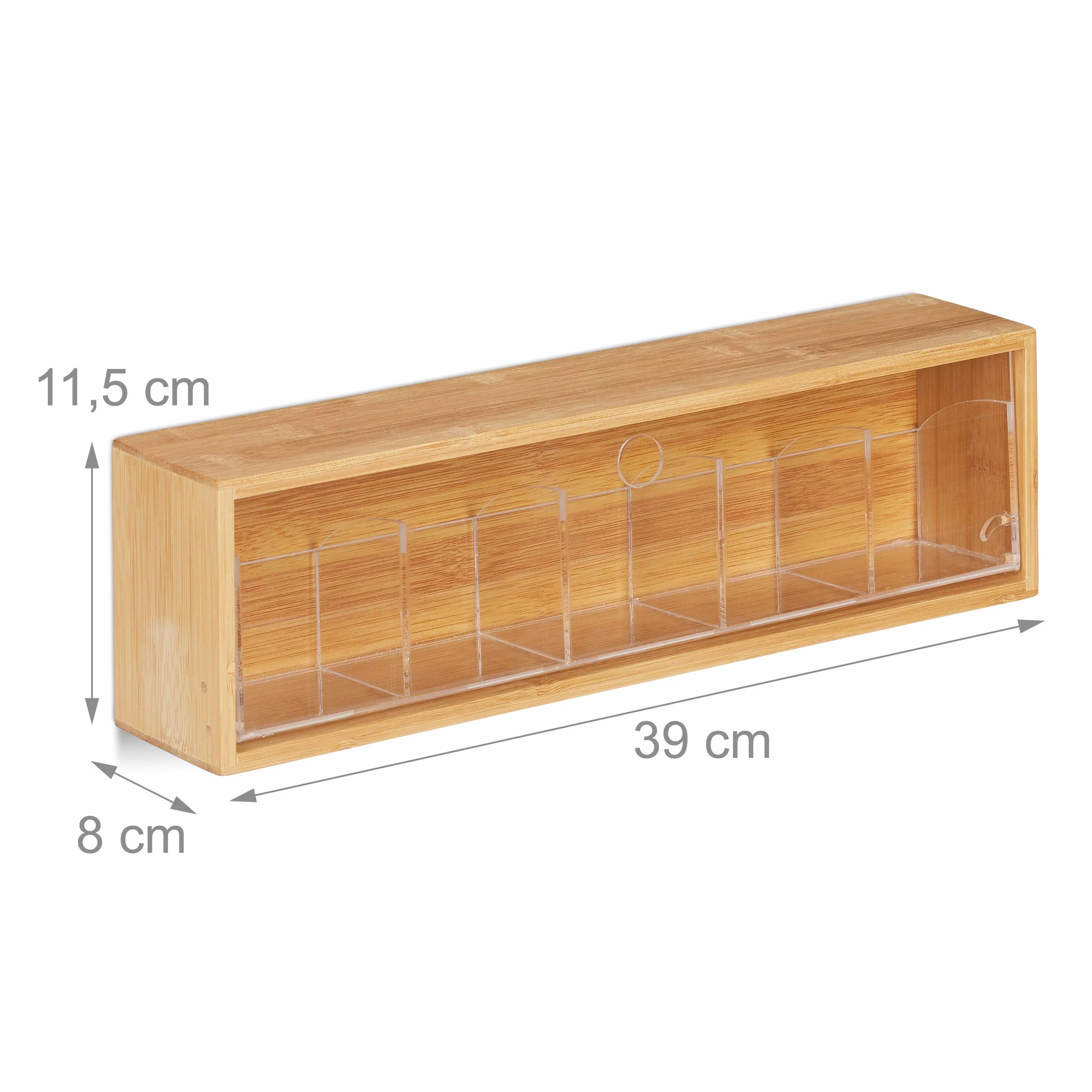 Relaxdays 10028846 Pudełko na herbatę z naturalnego bambusa, 5 przegródek na 50 saszetek, przezroczysta pokrywka, naścienna, ochrona smaku, tworzywo sztuczne