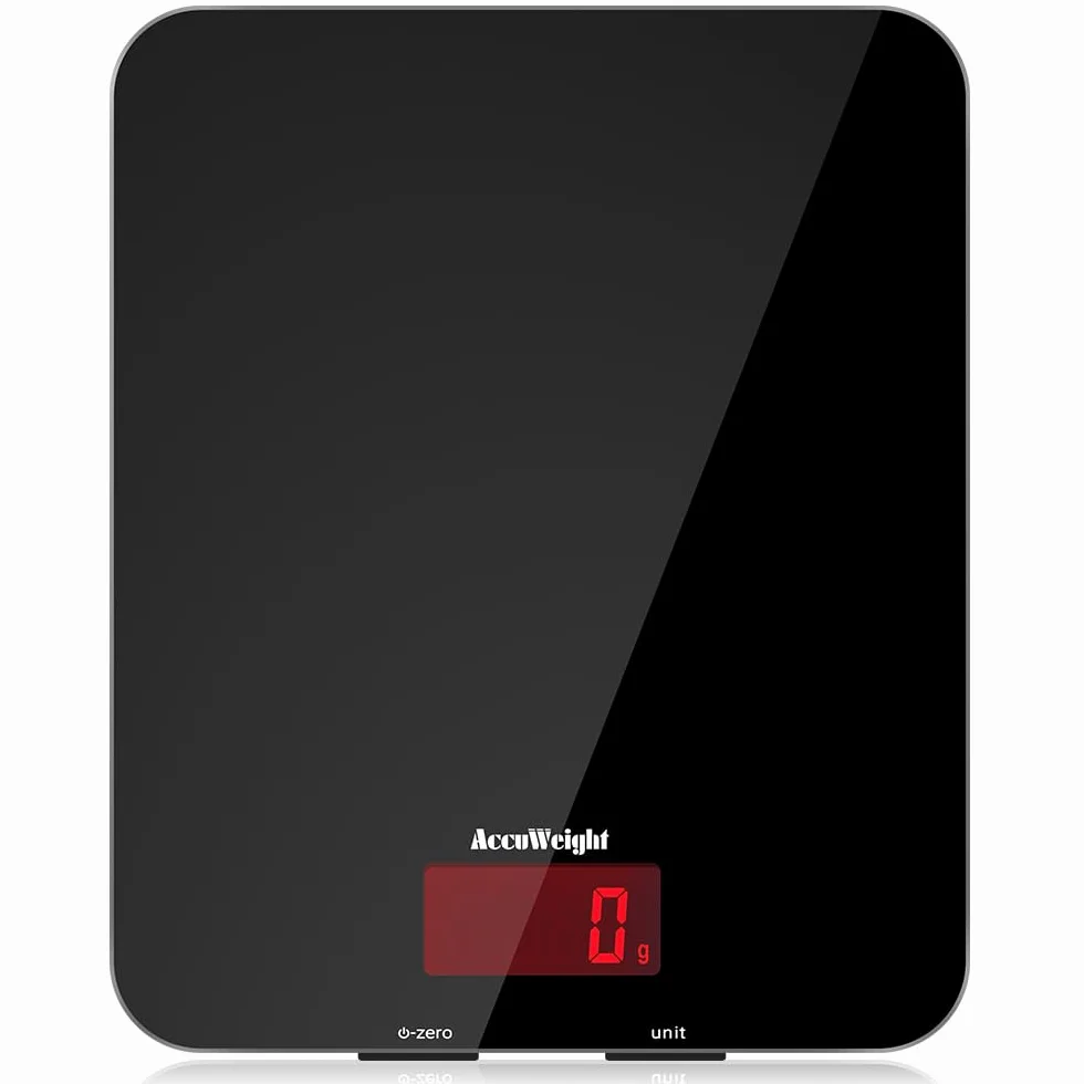 ACCUWEIGHT cyfrowa waga kuchenna ze szkła hartowanego, z wyświetlaczem LCD i dużą powierzchnią ważenia maks. 5 kg, dokładność 1 g, kolor czarny, funkcja tarowania