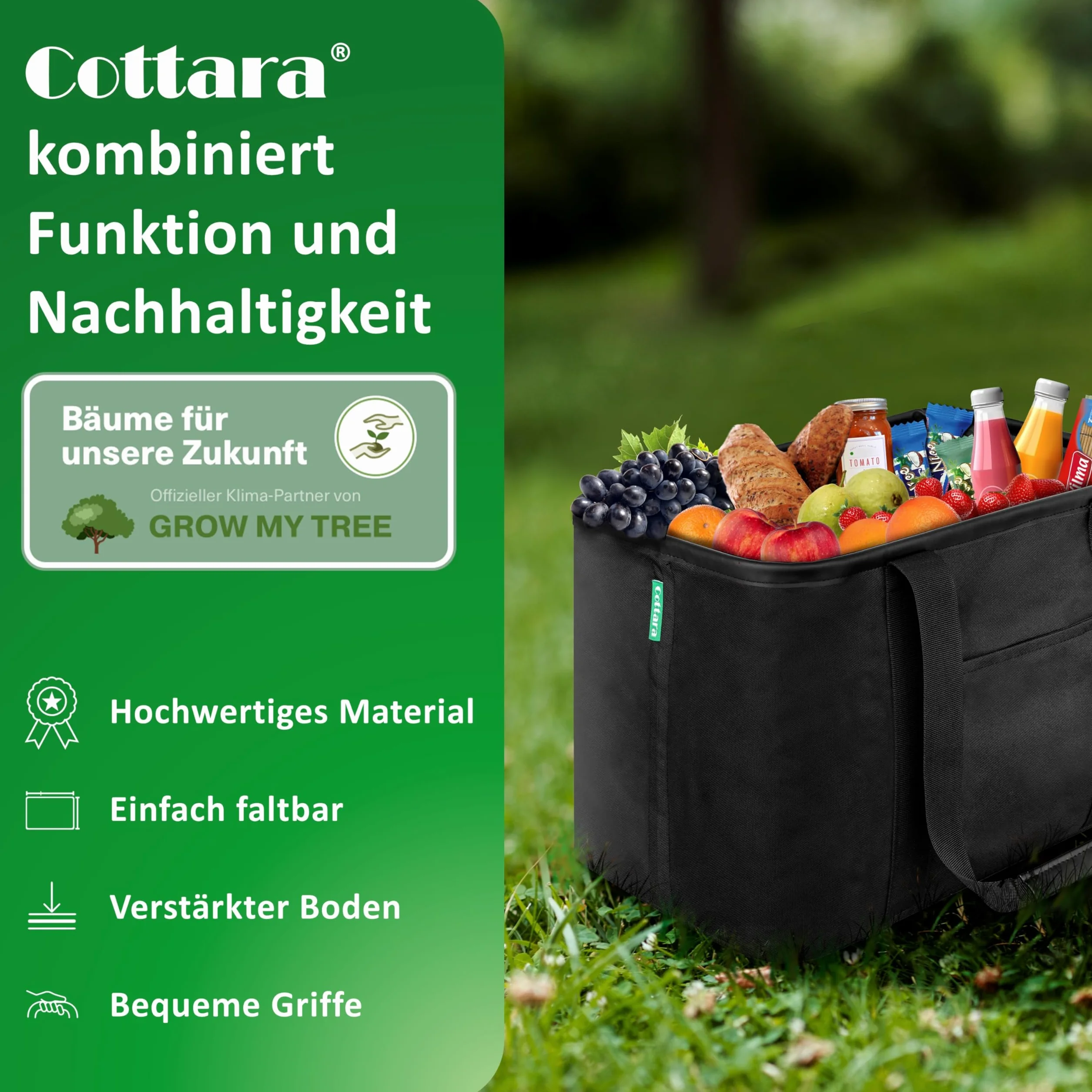 Cottara® Składana torba na zakupy, składana, ze wzmocnionym dnem i wygodnym uchwytem ze skóry PU, idealna jako składany koszyk na zakupy, torba do noszenia lub torba na zakupy, czarna, 30 l