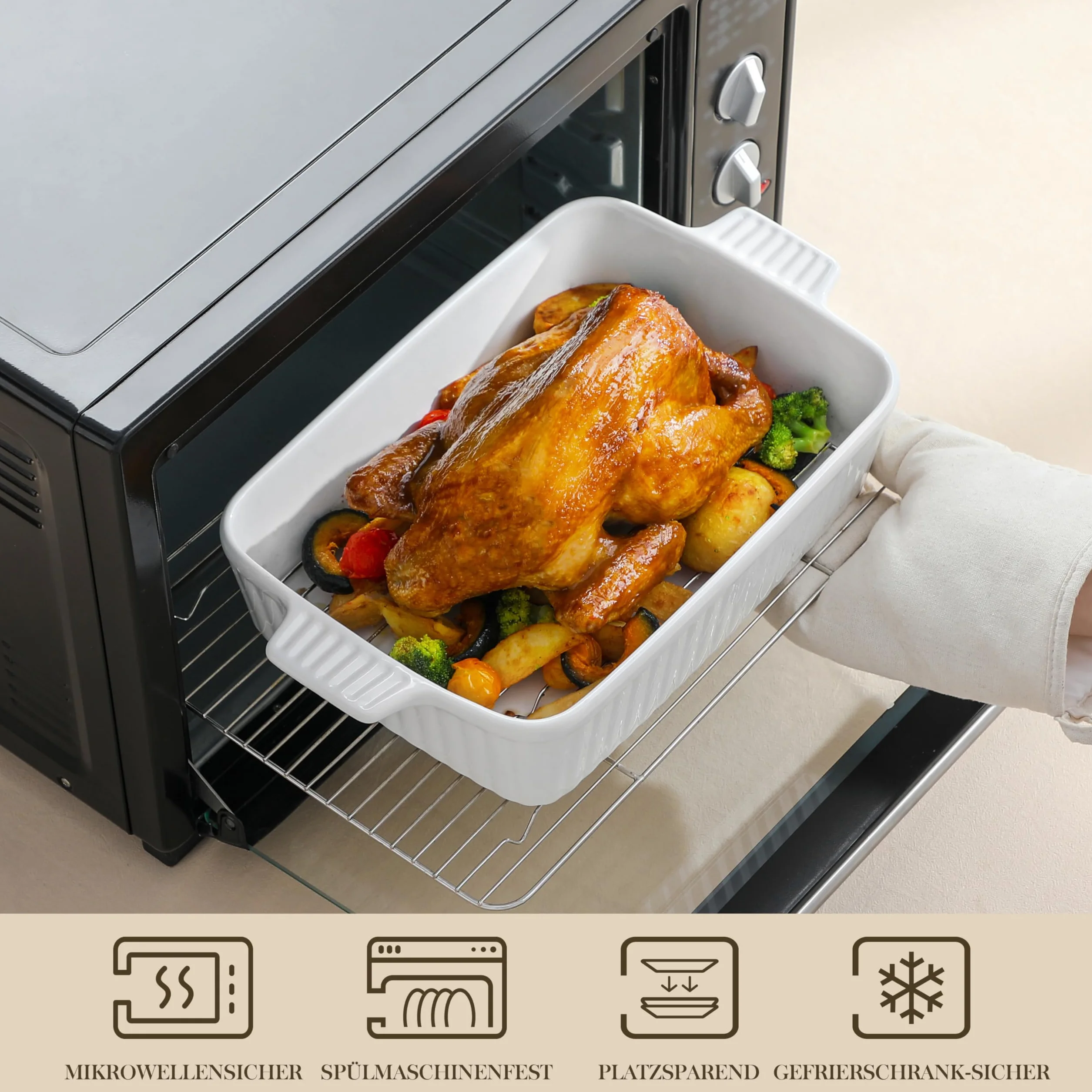 MALACASA Naczynie do pieczenia 4,15 L z rusztem, duże naczynie do zapiekanek 9x13, ceramiczna patelnia do pieczenia z rusztem, prostokątna głęboka patelnia do lasagne z uchwytami do pieczenia, trwała