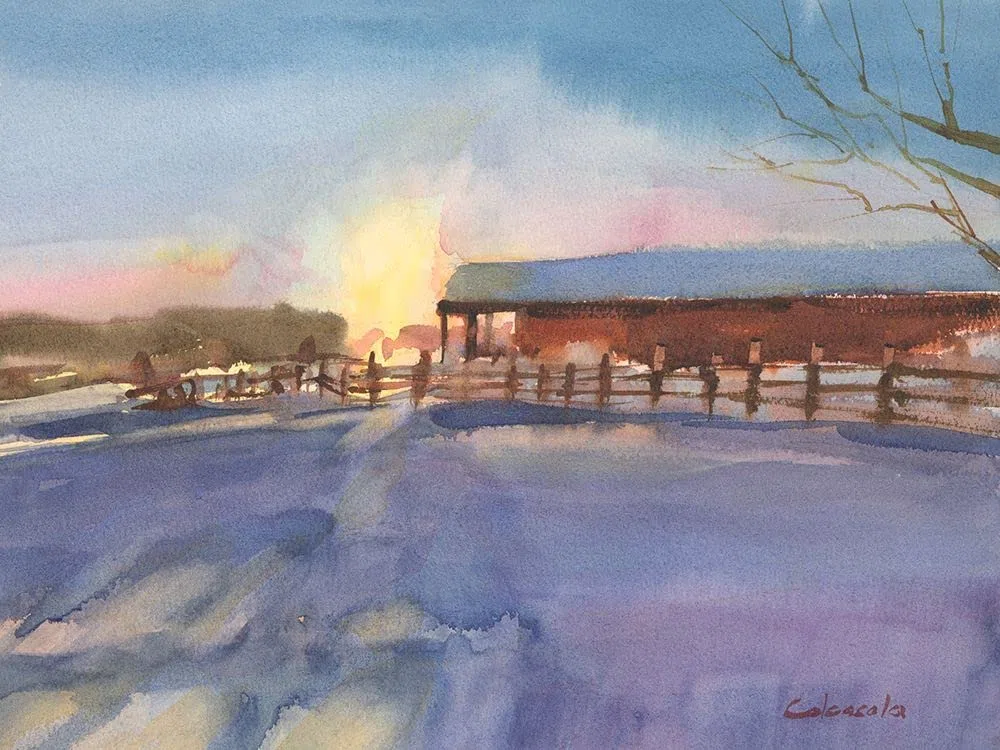 Długa stodoła o zachodzie słońca plakat wydruk - Stephen Calcasola (24 x 18)