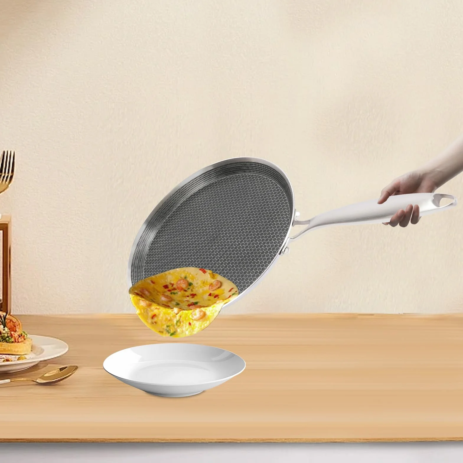 Patelnia do naleśników z powłoką nieprzywierającą, 28 cm, ze stali nierdzewnej, indukcyjna pancake o strukturze plastra miodu, uchwyt ze stali nierdzewnej, patelnia do naleśników