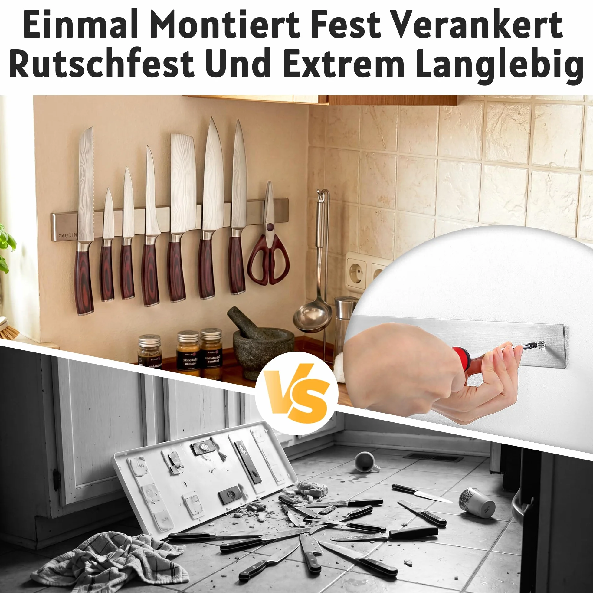 PAUDIN Listwa magnetyczna do noży 45 cm, listwa magnetyczna do noży kuchennych ze stali nierdzewnej z bardzo silnym magnesem jako uchwyt na noże ścienne, samoprzylepna do przyborów kuchennych