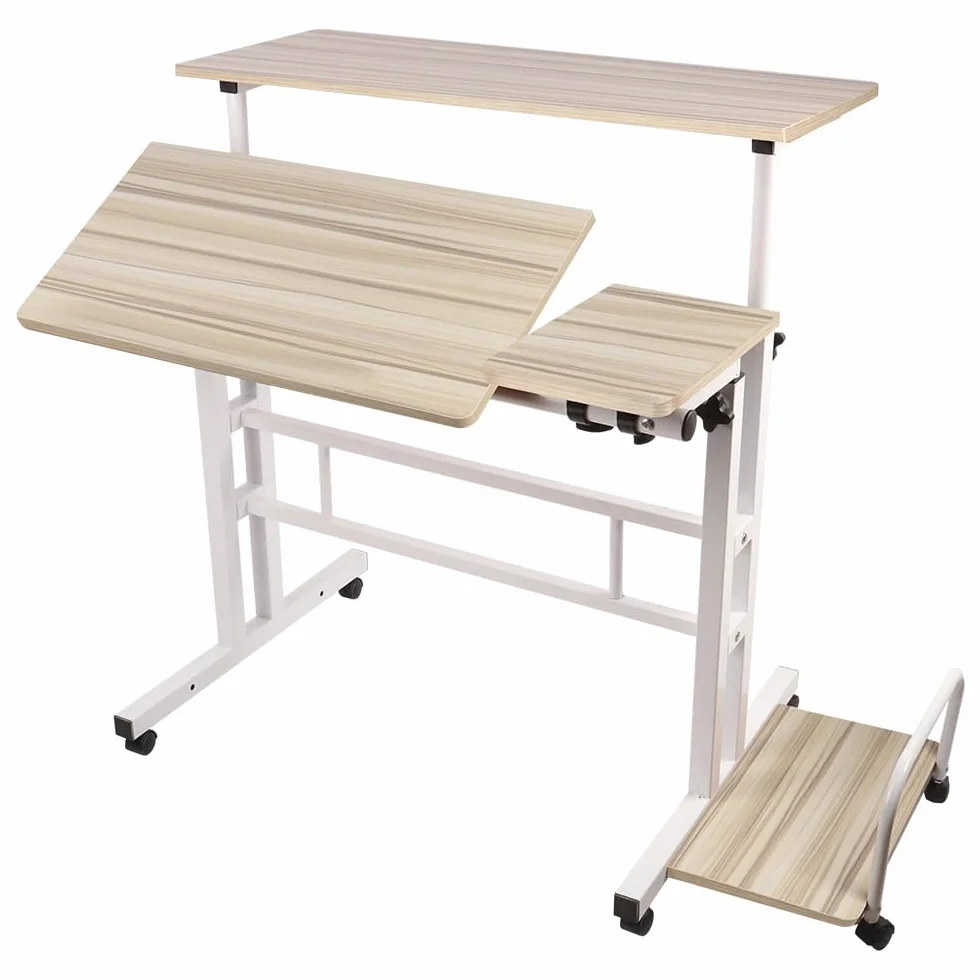 Biurko komputerowe z regulacją wysokości Stół na laptopa z kółkami, mobilny stół biurkowy na komputer stacjonarny stolik na laptopa, 102 x 60 x 67-115 cm, biały klon