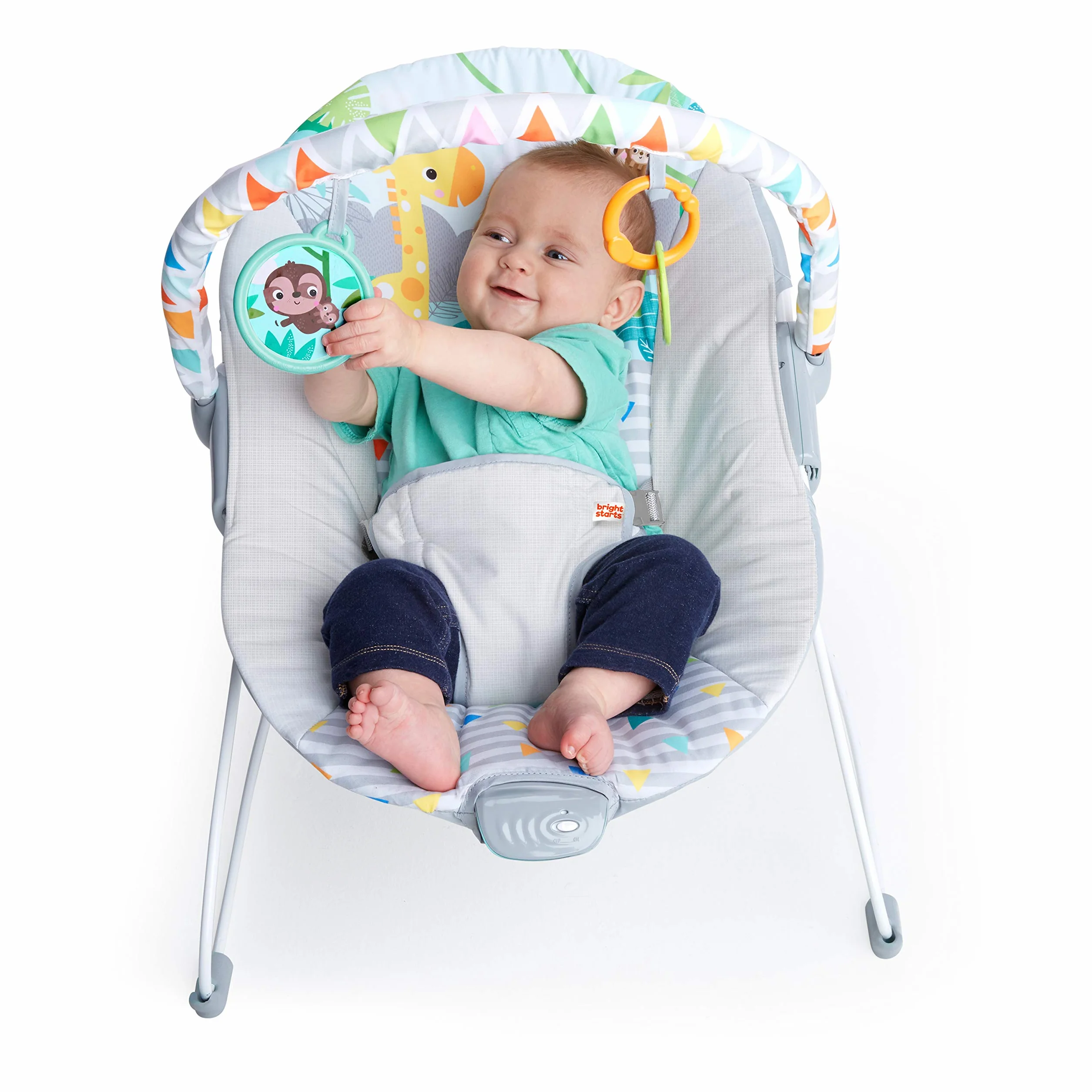 Bright Starts, Łopatka dla niemowląt, Safari Fun z uspokajającymi wibracjami, poduszka do siedzenia, nadająca się do prania w pralce, antypoślizgowe nóżki i 2 zabawki