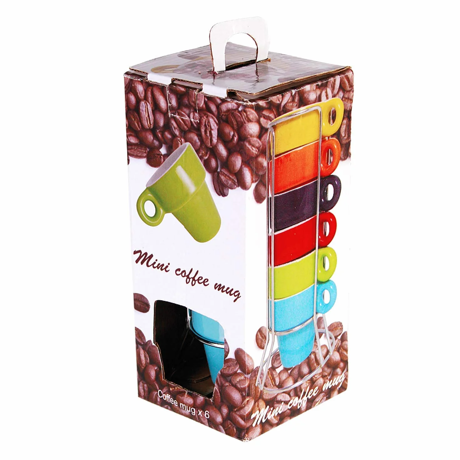 Zestaw 6 mini kubków do espresso z metalową podstawką/Materiał: ceramika/Wymiary: 5,5 x 7 cm