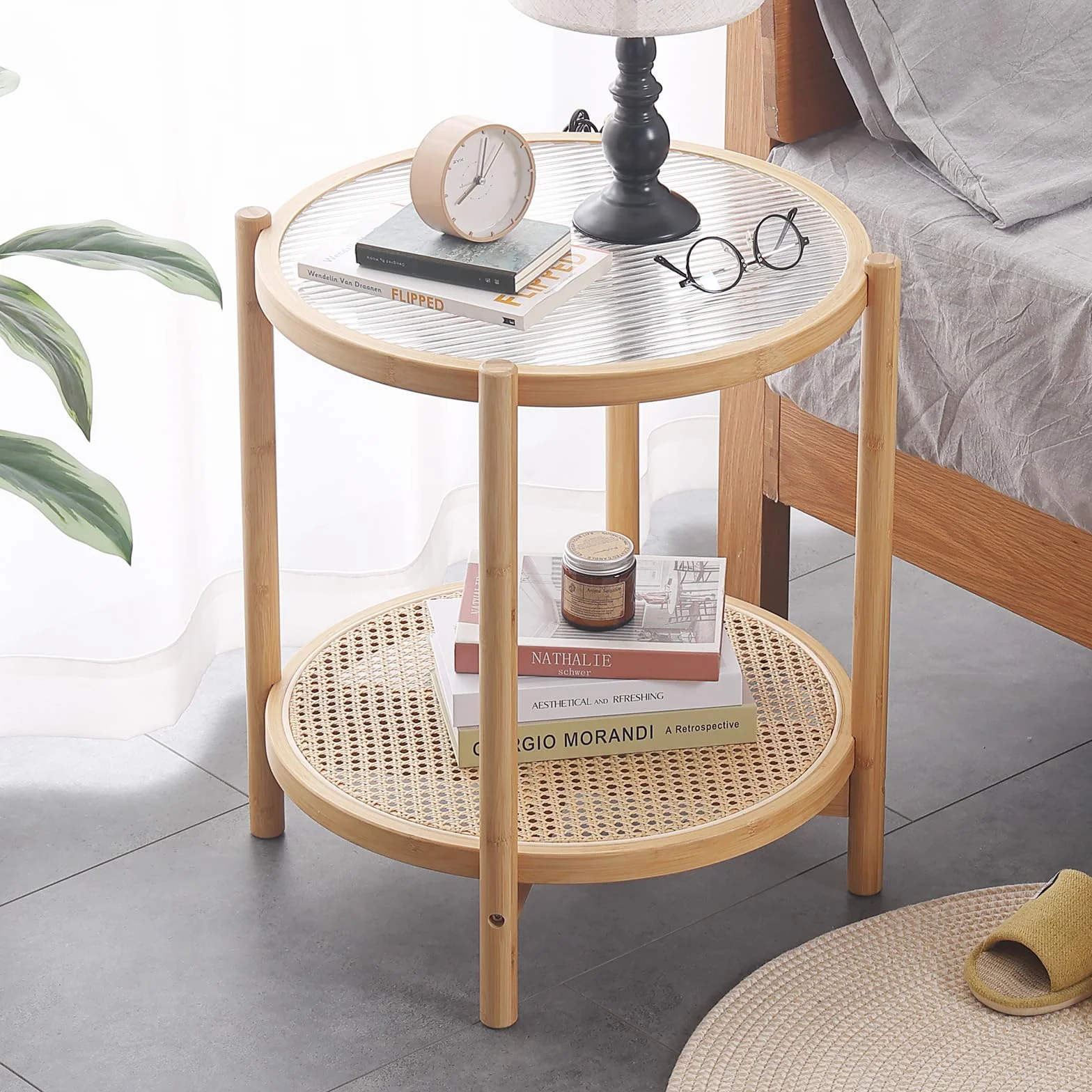 Tiita Rattanowy stolik kawowy, okrągły, 40 cm, nowoczesny stolik pomocniczy, mały, bambusowy, stolik pomocniczy, do salonu, na balkon i do biura na zewnątrz / do wewnątrz (poziomy pasek)