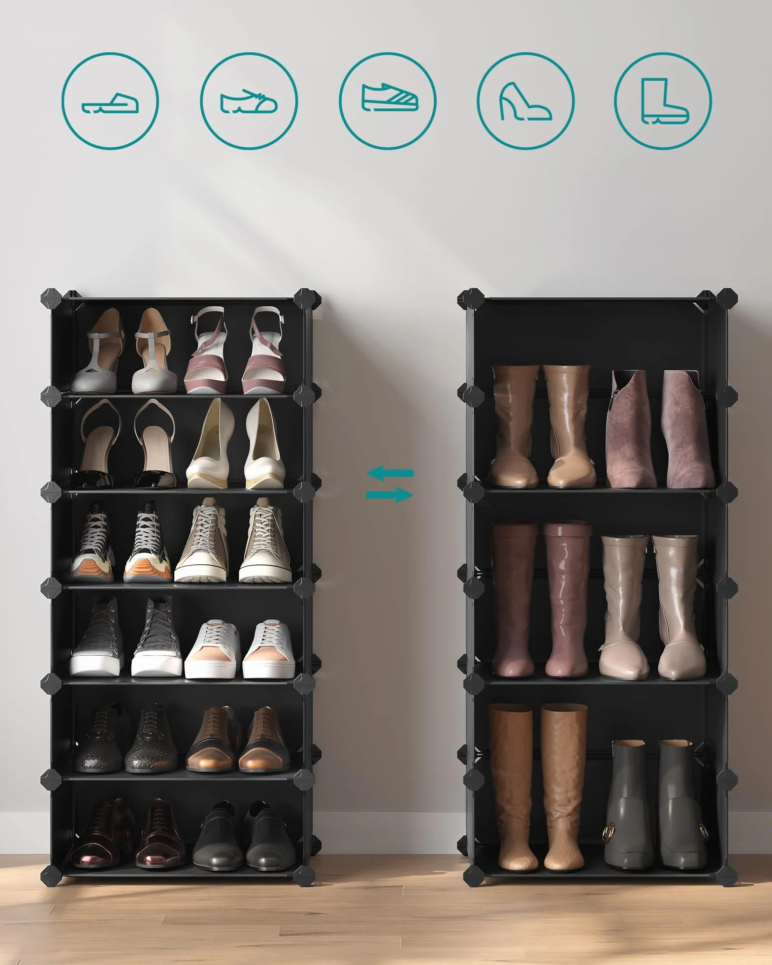 SONGMICS Zamykany stojak na buty, prostokątny organizer, 10-szczelinowy modułowy regał do przechowywania DIY, każdy moduł 40 x 30 x 17 cm, szafa z tworzywa sztucznego z drzwiami, czarny LPC10HV1