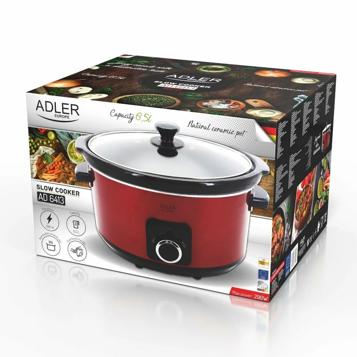 Adler - Wolnowar - Wolnowar - Zdejmowany garnek ceramiczny - 5,8 l - Odporne na wysokie temperatury uchwyty do przenoszenia, szklana pokrywka, 3 poziomy gotowania, nadaje się do mycia w zmywarce,