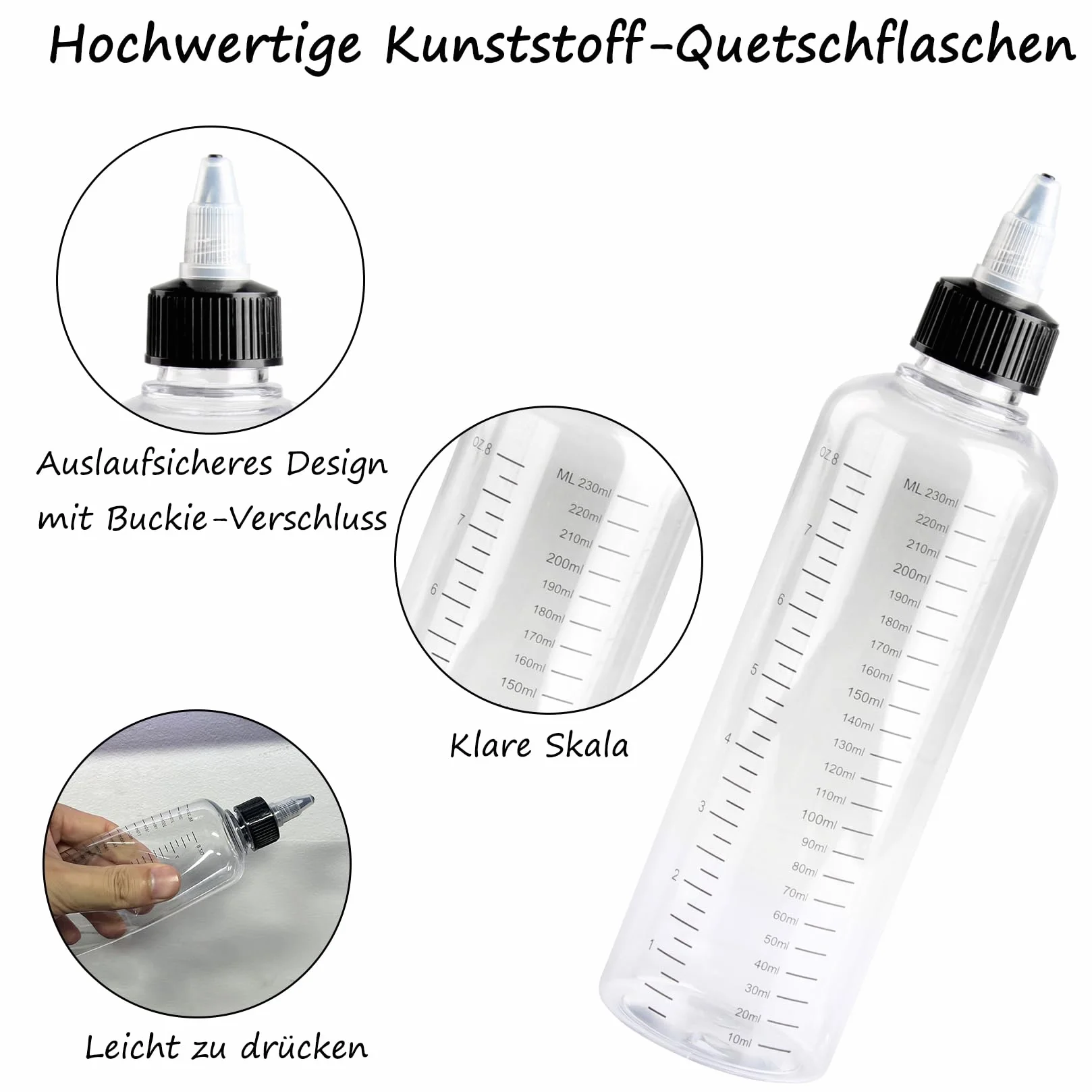 4 butelki wyciskane 250 ml, plastikowe butelki na sos, przezroczyste butelki do wyciskania, z tworzywa sztucznego, z nakrętkami do dozowników sosów, octu sojowego, ketchupu, oleju, z lejkiem