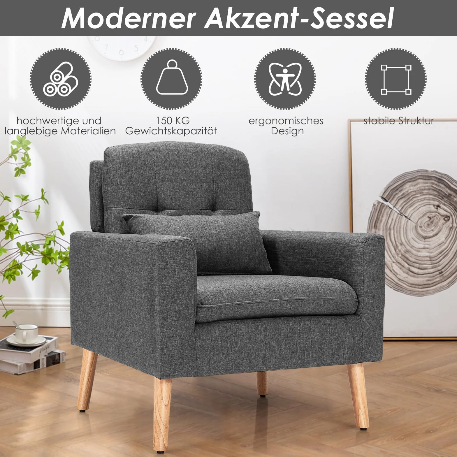 COSTWAY Fotel relaksacyjny z podłokietnikami i poduszką pod plecy, pojedyncza sofa tapicerowana, fotel telewizyjny, szary, fotel klubowy do salonu, sypialni i biura, JV10104GRDE