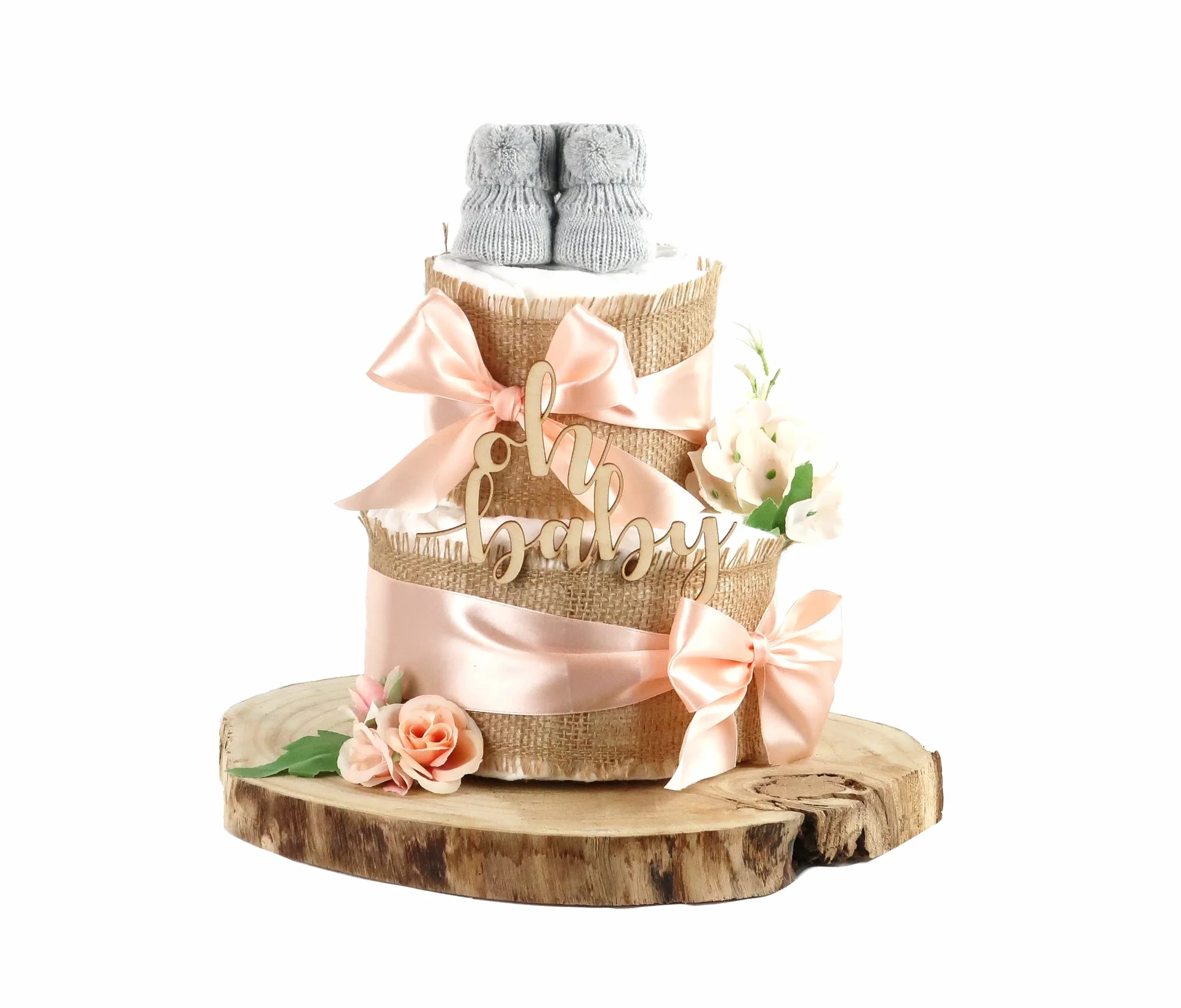 Pieluchy tort All Jute | na narodziny dziecka (2-poziomowy, morelowy)