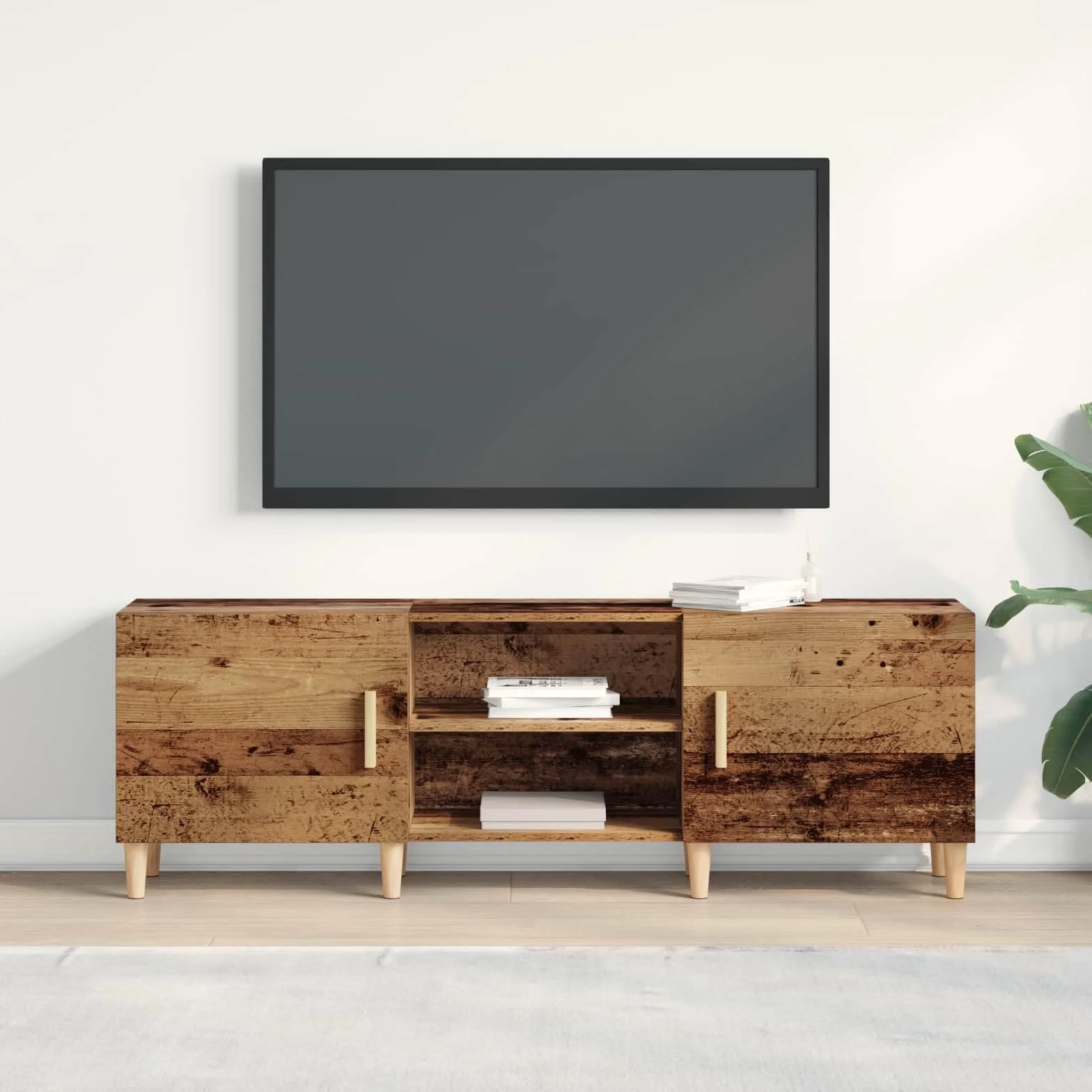 Générique Szafka pod telewizor Antyczna drewniana 150 x 30 x 50 cm Drewno Ingenierie | Solidne półki, drewniane nogi stożkowe, drzwi z czarnymi stalowymi uchwytami D, przechowywanie multimediów
