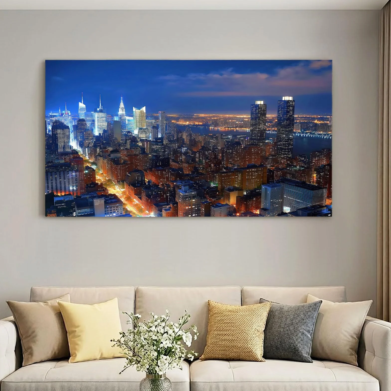 Nowoczesny obraz na płótnie 120 x 60 cm niebieski miasto drapacz chmur widok nocny - obraz na płótnie na drewnianej ramie i dekoracja do salonu i sypialni