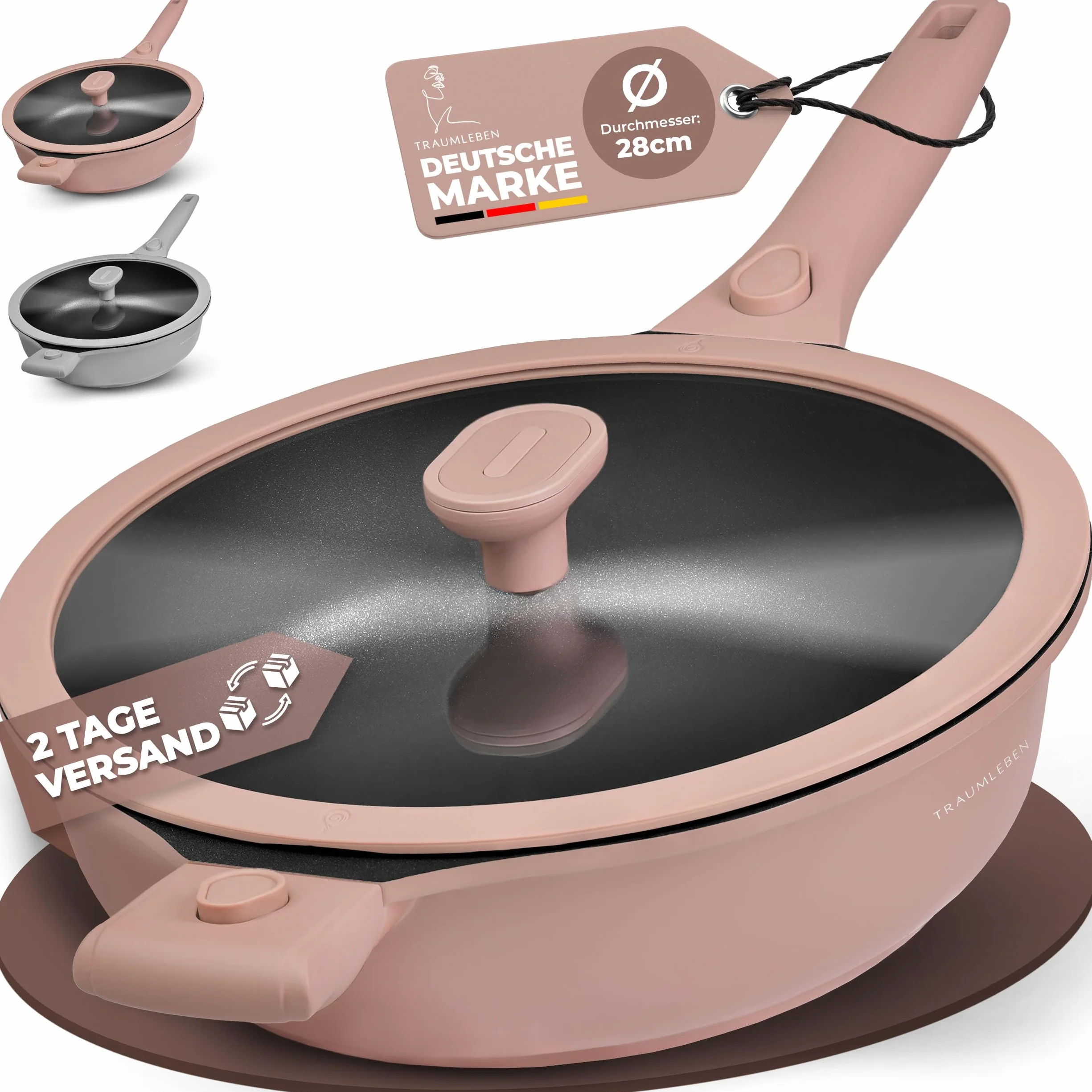 TRAUMLEBEN® Patelnia 28 cm z pokrywką, zdejmowane uchwyty i wskaźniki ciepła, nie zawiera PFOA, nadaje się do kuchenek indukcyjnych, powlekana patelnia z wysoką krawędzią do smażenia, duszenia, duszenia, gotowania i delektowania się