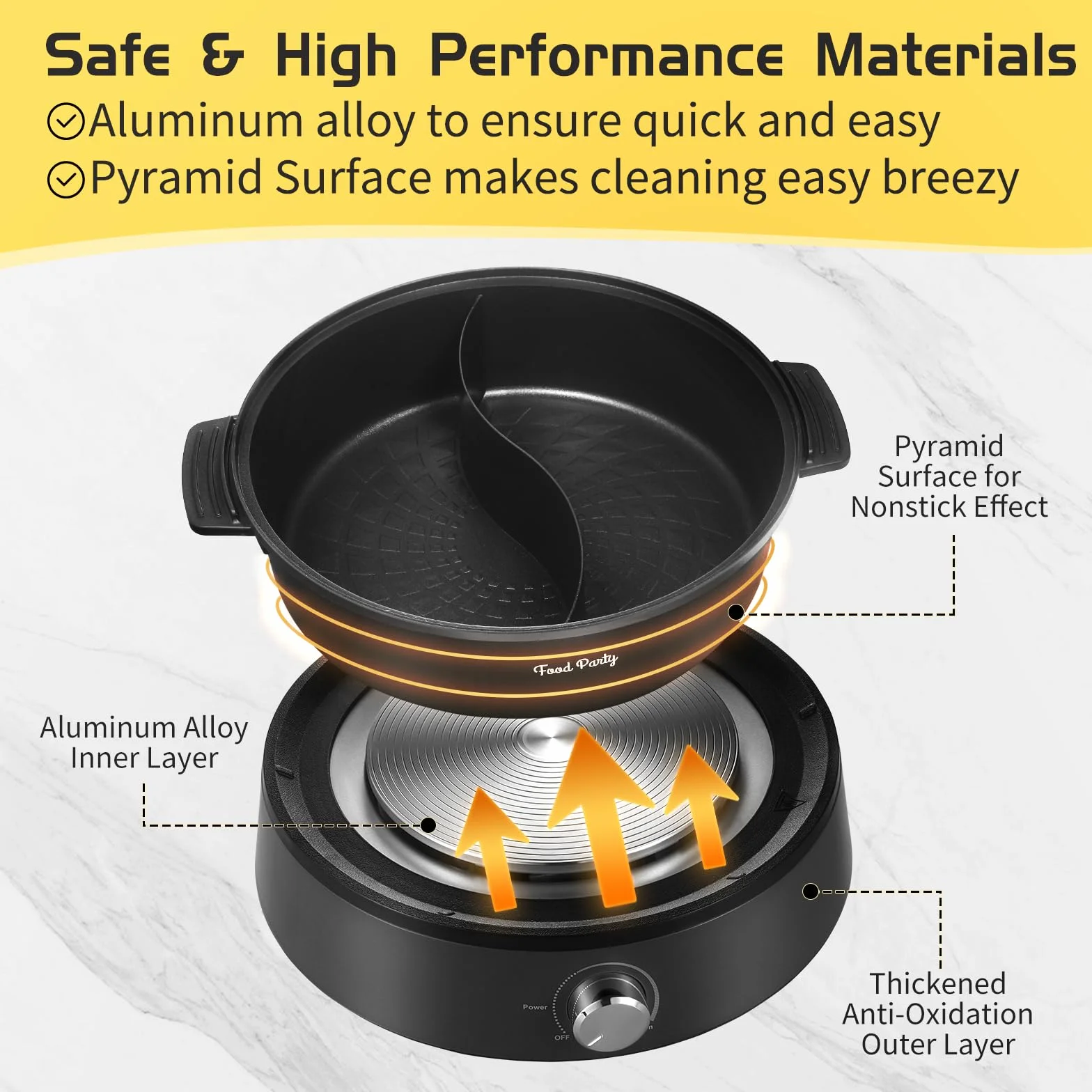 Food Party Hot Pot Elektryczny 4L Zaktualizowany Dwustronny Rozdzielany Garnek 220V 1350W Elektryczny Garnek Fondue na 6 Osób (Garnek Hot Pot z Przegródką)