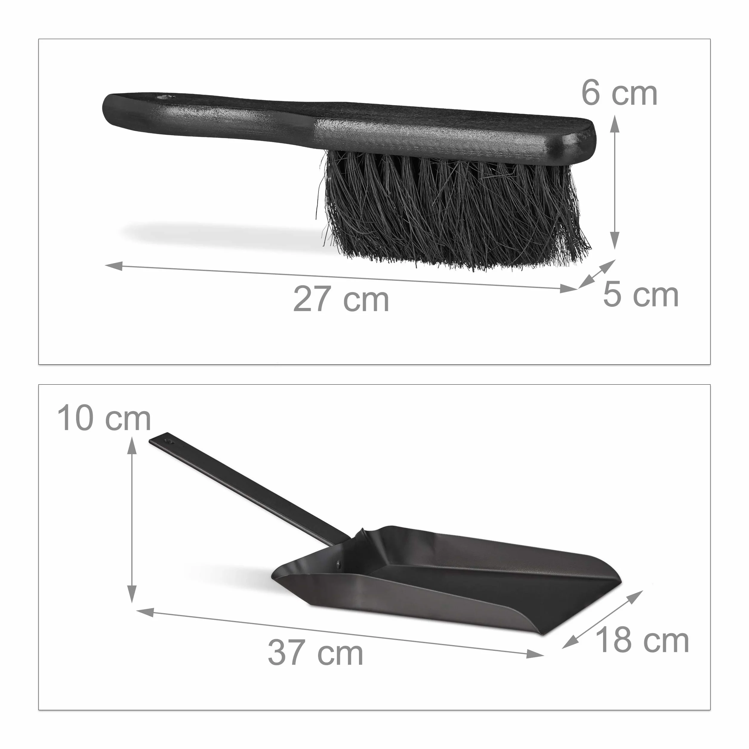 Zestaw do sprzątania Relaxdays, 37 cm, stal, miotła ręczna i łopatka, do użytku na zewnątrz i wewnątrz, czarny
