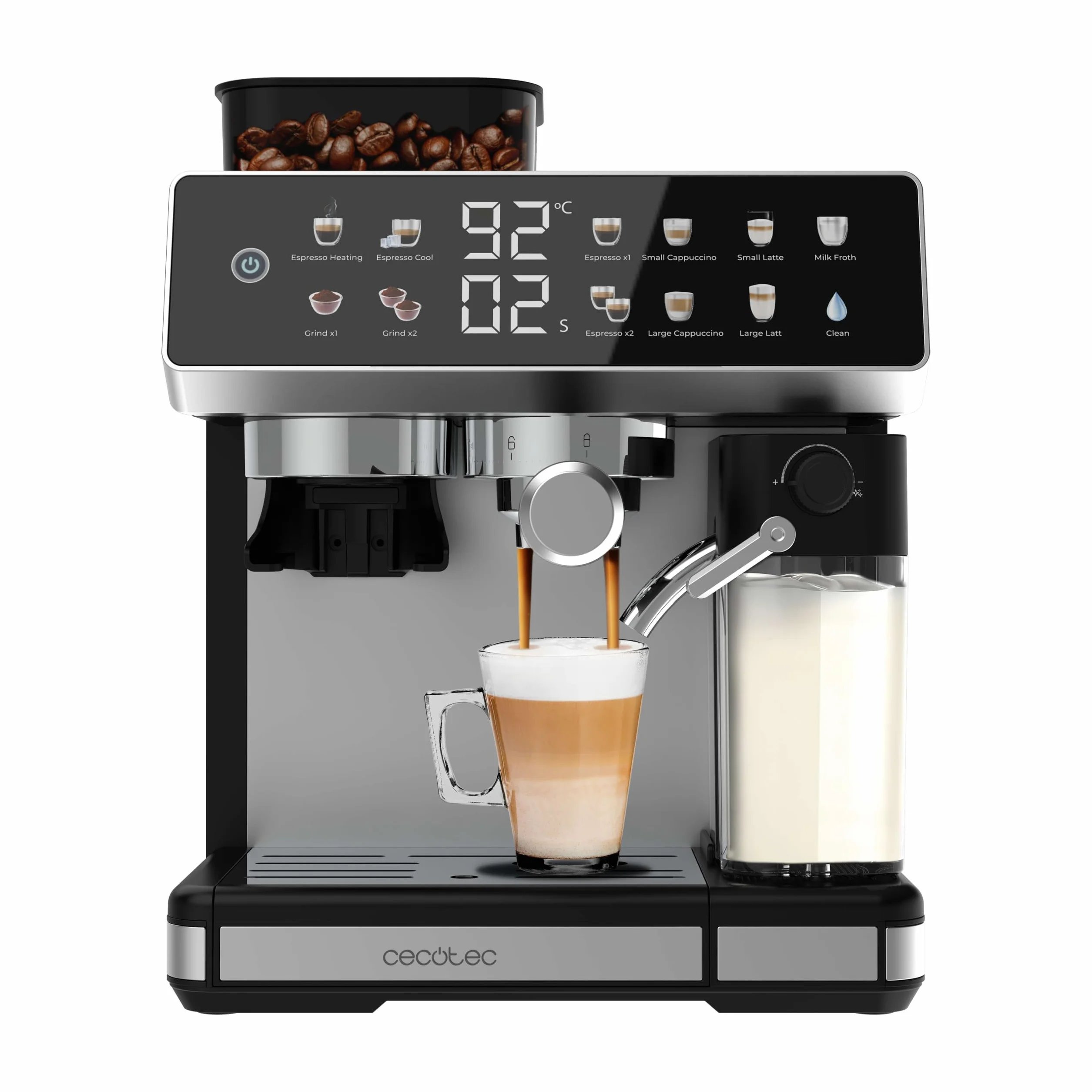 Cecotec Ekspres do kawy Barista Power Espresso 20 Barista Grind & Latte. 1350W, 20 barów, młynek stożkowy, 2,6 l zbiornik na wodę, 100g kawy i 500ml mleko, ekran dotykowy, samoczyszczenie, dostosowany