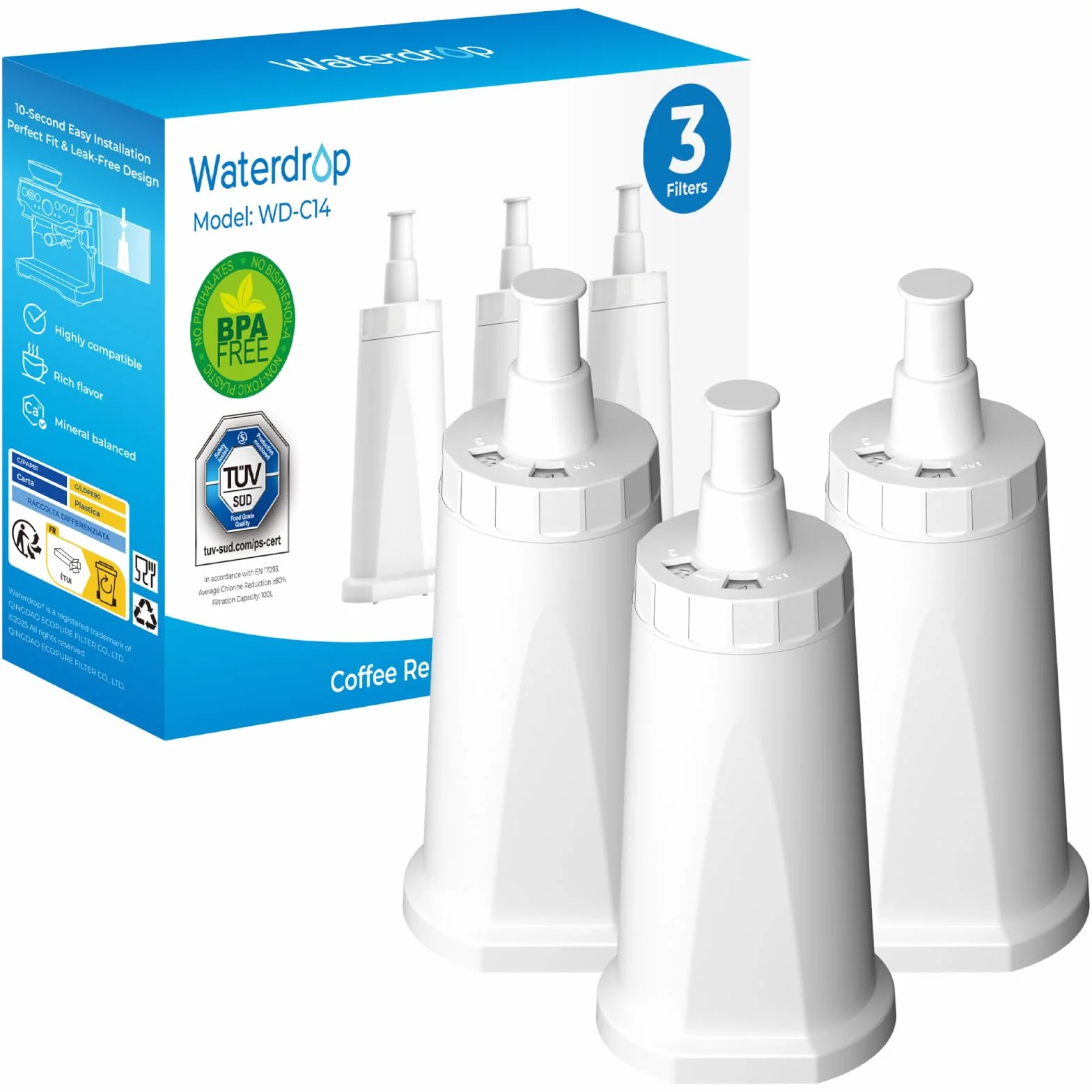 Waterdrop TÜV SÜD Wymienny Filtr do Kawy Kompatybilny z Sage Claro BES008 (3 szt.)