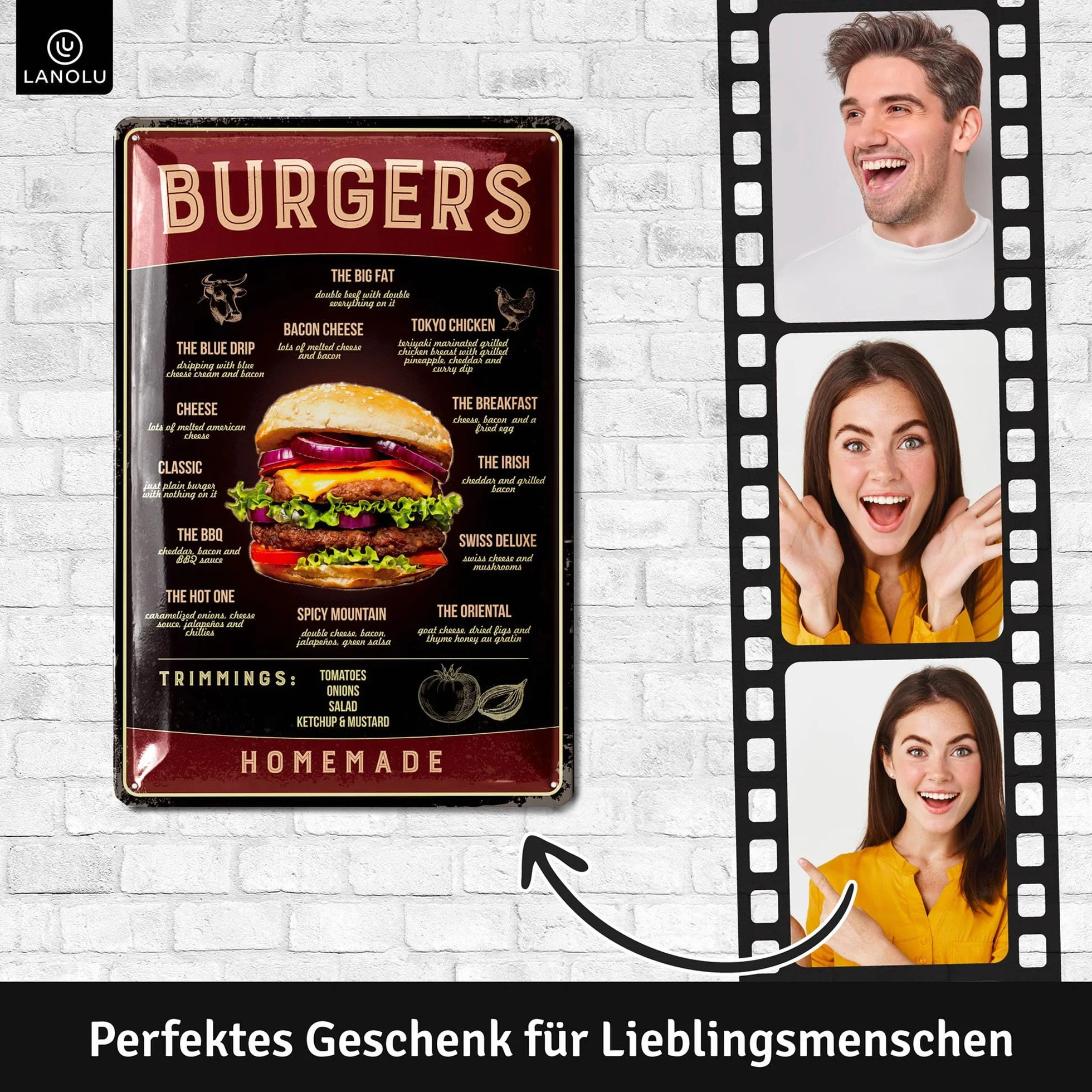 LANOLU Tabliczka blaszana w stylu vintage – znak hamburgera w stylu retro, sztuka ścienna, dekoracja restauracji, 30 x 20 cm