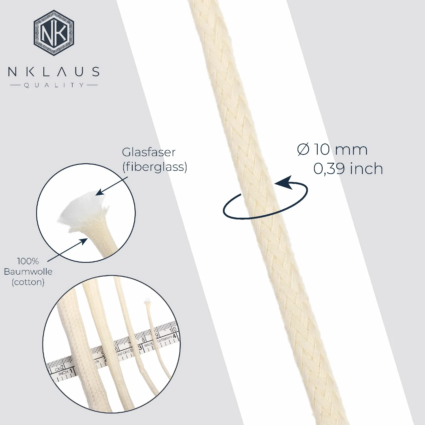 NKlaus Knot 1-metrowy z włóknem szklanym Ø 10 mm do lampy spirytusowej, lampa olejowa do oczyszczonego oleju lampowego, olej parafinowy, trwały knot, pochodnia ogrodowa, lampa naftowa 1261