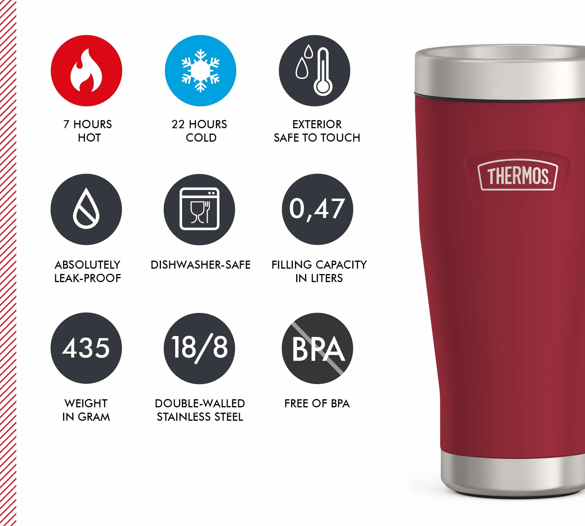 Thermos ICON MUG Kubek Termiczny 0,47 l, Czerwony/Jagodowy, Do Kawy Na Wynos, 7 h Gorący/22 h Zimny, Nadaje Się Do Mycia W Zmywarce, Absolutnie Szczelny