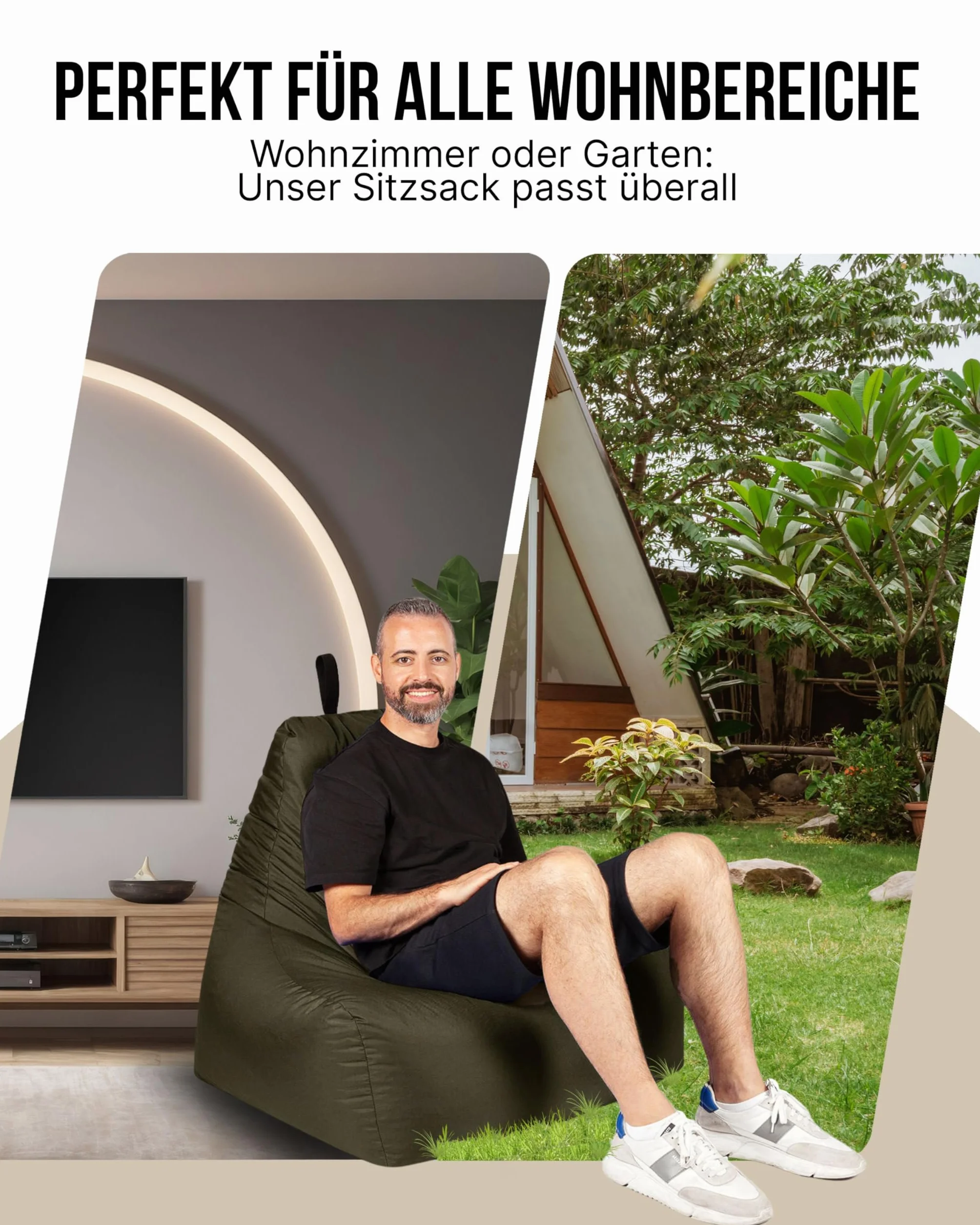 PATCH HOME Patchhome Lounge fotel XXL dla graczy, worek do siedzenia i relaksu, nadaje się do użytku wewnątrz i na zewnątrz, fabrycznie wypełniony, rozmiar XXL, khaki, w 2 rozmiarach i 25 kolorach