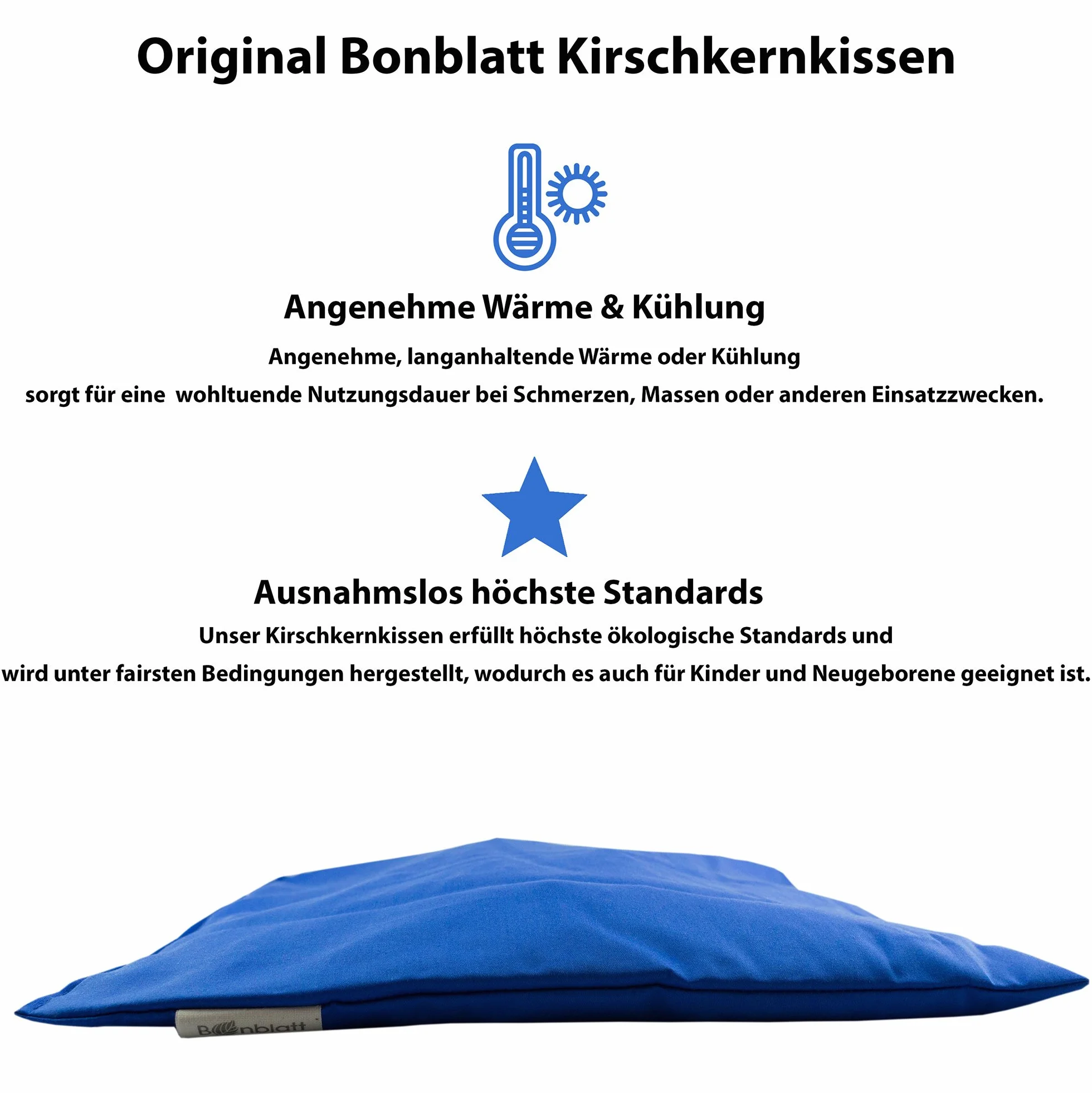 Poduszka z pestkami wiśni Bio firmy Bonblatt® – certyfikat Öko-Tex 100, naturalna i uczciwa produkowana w Niemczech – poduszka rozgrzewająca, poduszka z ziarnami, prezent dla dorosłych, niemowląt, dzieci i zwierząt (19 x 19 cm, niebieska)