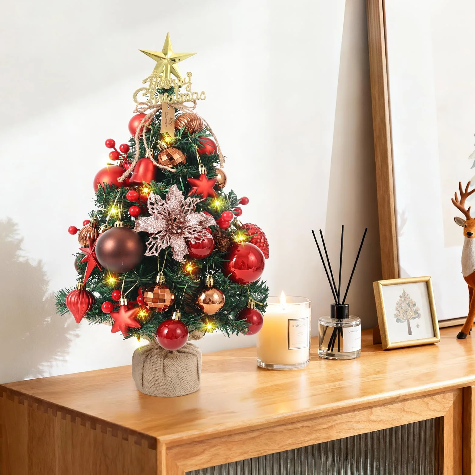 Mini choinka 45 cm, mała sztucznie wykonana choinka bożonarodzeniowa z oświetleniem LED, choinka na stół, mini choinka bożonarodzeniowa do dekoracji świątecznej