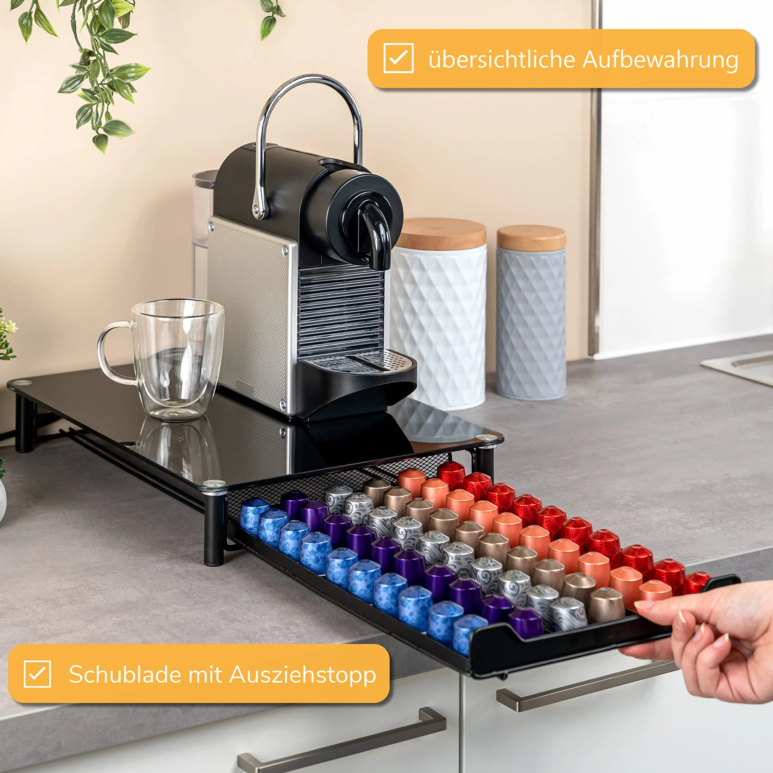 bremermann pudełko na kapsułki do kawy na 60 kapsułek Nespresso, pudełko z szufladami, metalowy i szklany blat, uchwyt na kapsułki, dozownik kapsułek ok. 31 x 7 x 40,5 cm (czarny)