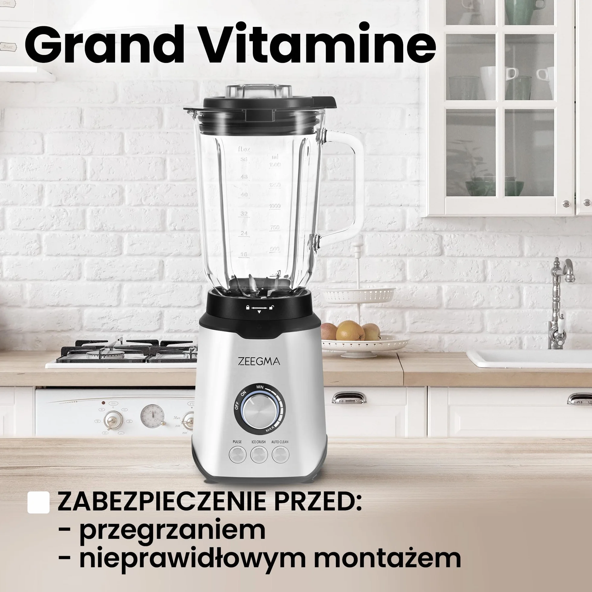 Zeegma Grand Vitamine Blender Kielichowy, Silnik 1600W, 3 Automatyczne Tryby Pracy, Duży Kielich 1,75L, 6 Noży, Regulacja Prędkości, Funkcja Thermofuse, Metalowa Obudowa, Podświetlenie Led