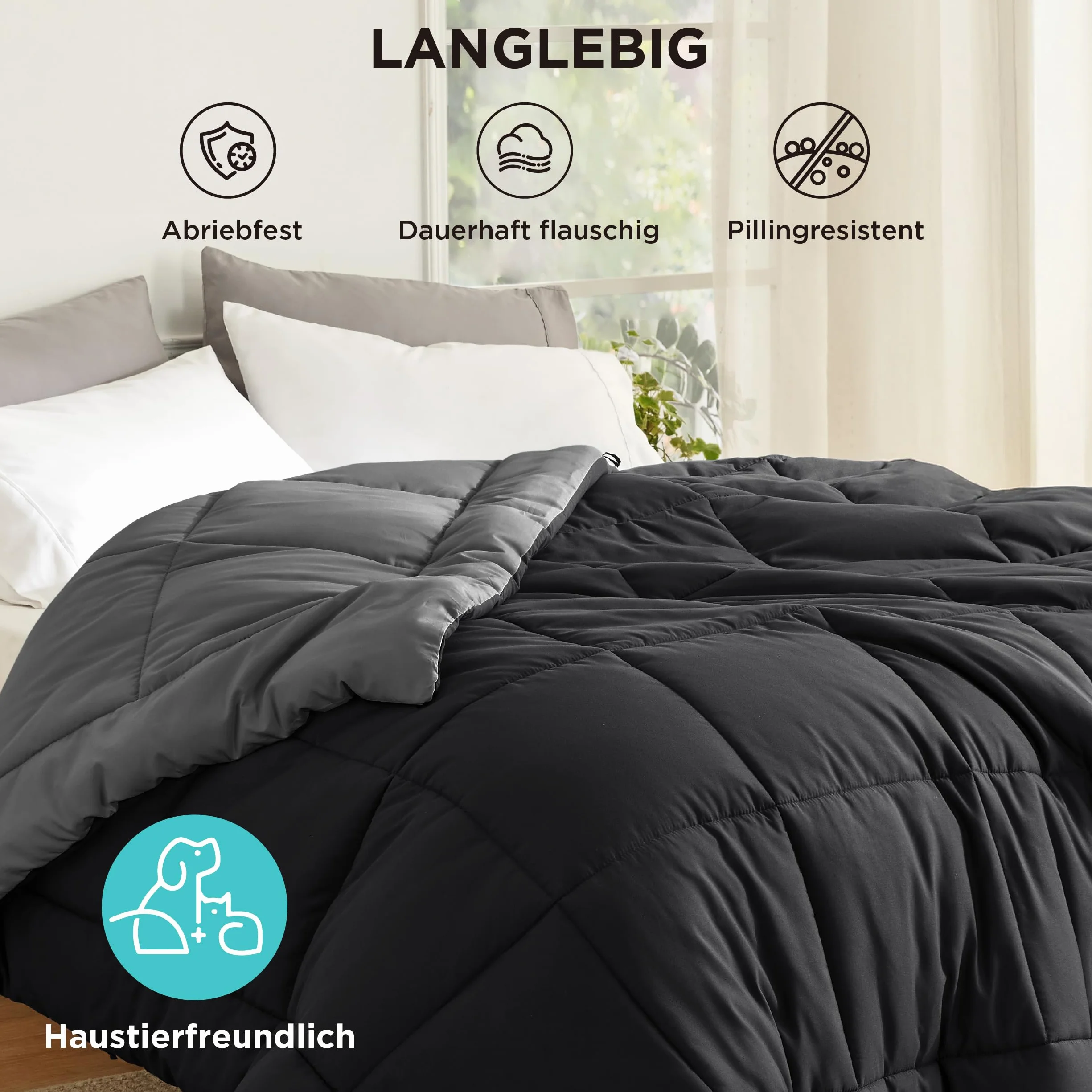 BEDSURE Kołdra pikowana 155 x 220 cm, całoroczna, bez poszewki 155 x 220 cm, 300 g/m², na 4 pory roku, dwustronna, kolor czarny/szary, miękka, ciepła kołdra do spania dla alergików