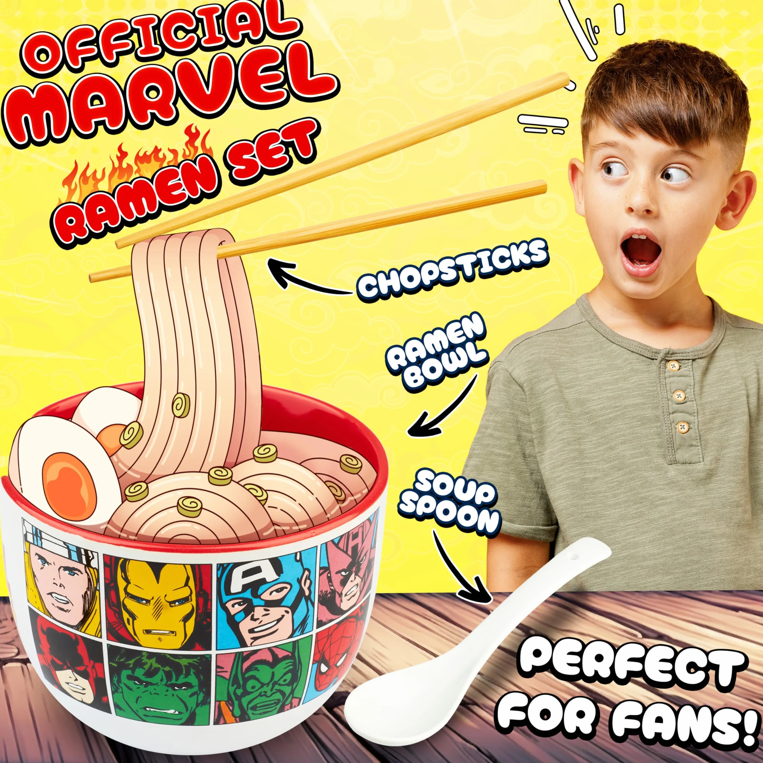 Get Trend Marvel Zestaw miseczek ramenowych 600 ml, japońska miska do makaronu z ceramiczną łyżką, bambusowe pałeczki, kompatybilna z mikrofalówką, prezent superbohatera