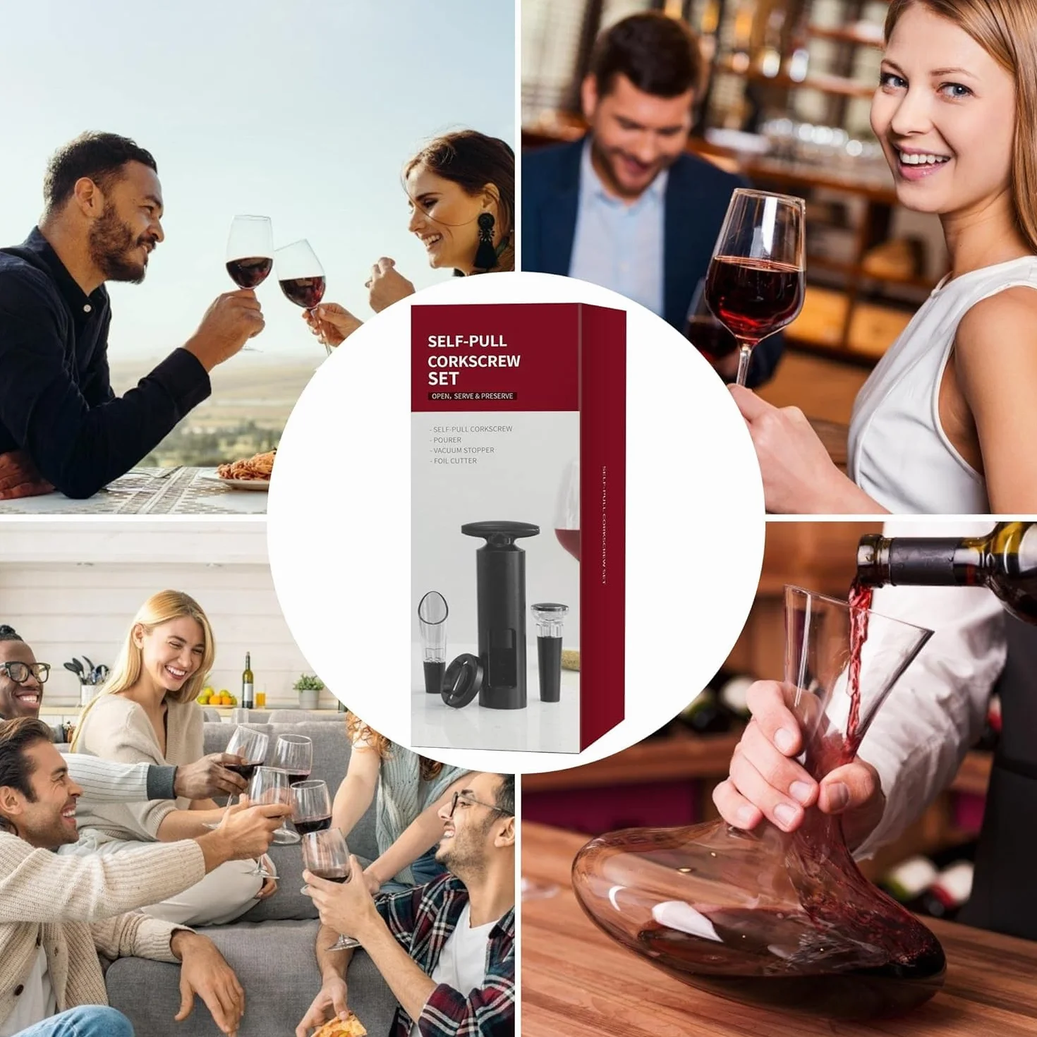 HOOMIL zestaw otwieraczy do wino, 4 w 1, profesjonalny korkociąg z nożem foliowym, próżniowe zamknięcie i nalewak