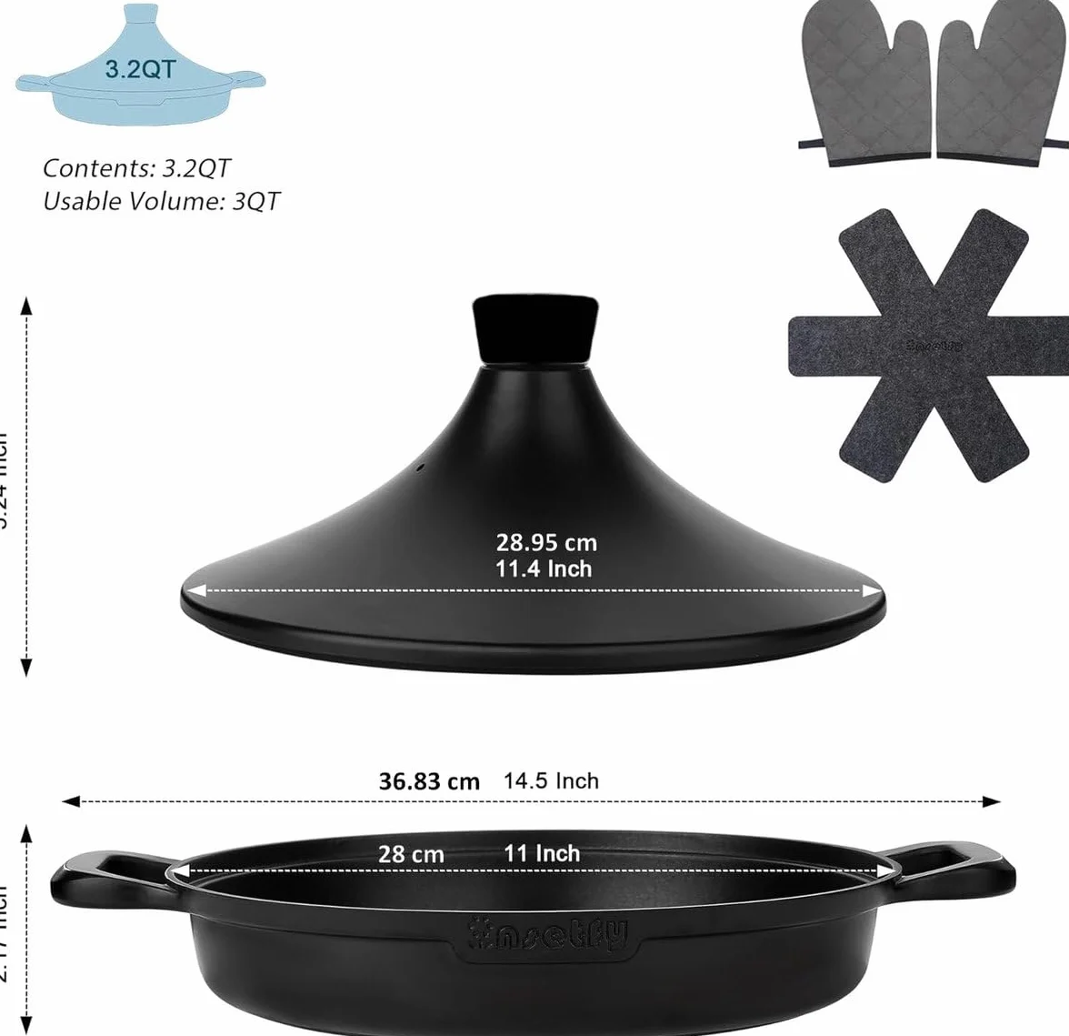 Tajine Saffron 30 cm Non-stick PFOA free czarny z rękawicami i filcem