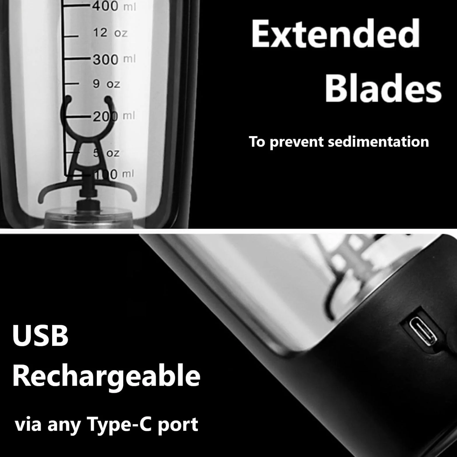 flintronic 650 ml, elektryczny shaker proteinowy, 650 ml, automatyczny mikser białek, napełniany przez USB C, do koktajli proteinowych, bez BPA