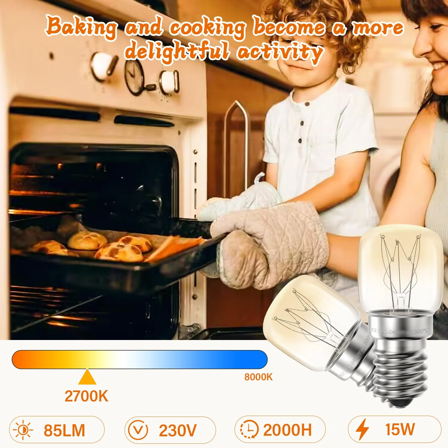 Żarówka E14 15W do piekarnika 300°C ciepła biel 2700K 85Lm 4 szt