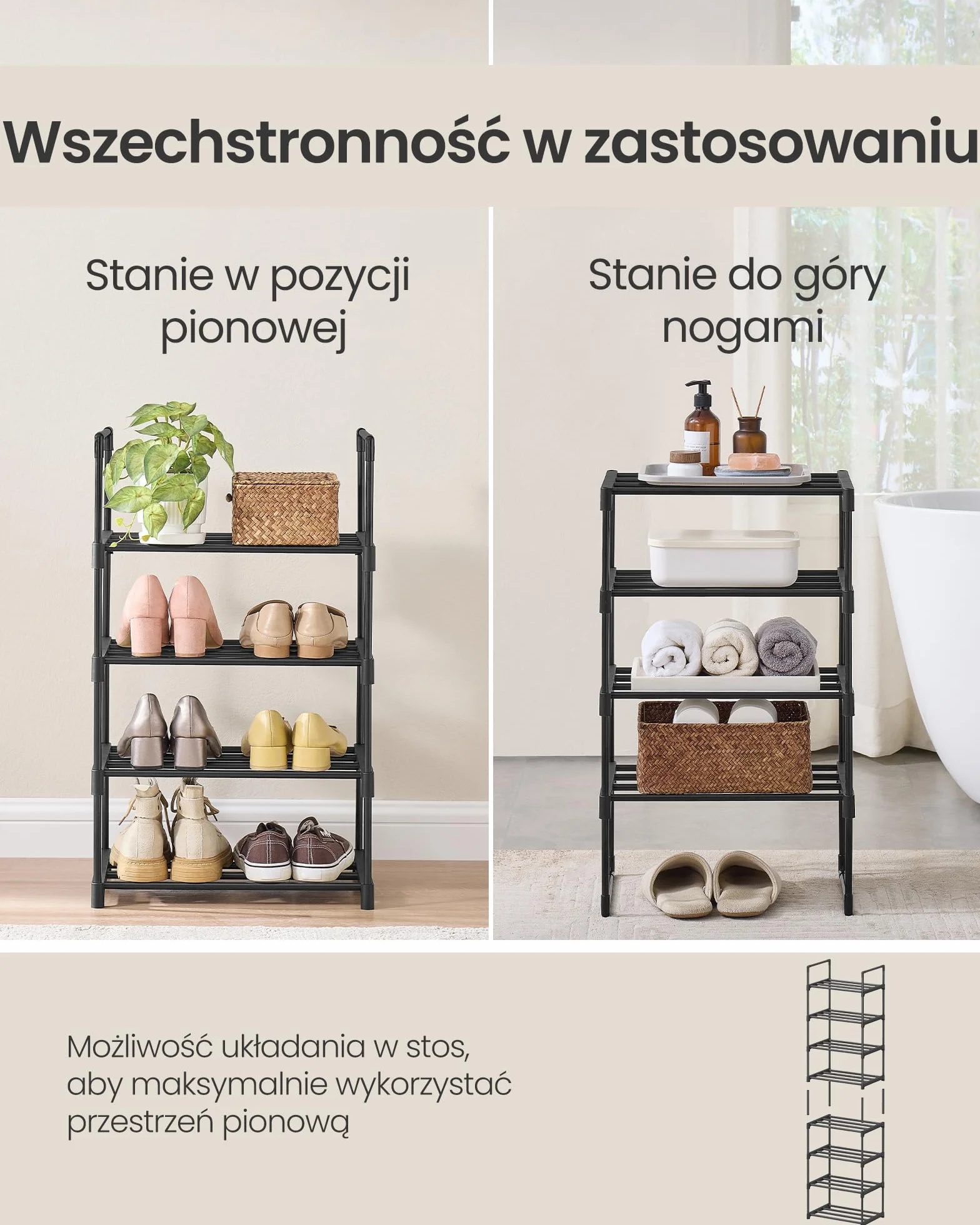 SONGMICS Stojak na buty 4 poziomy, do przechowywania butów, w pozycji pionowej lub odwróconej, na 5-10 par butów, 30 x 42,5 x 71,5 cm, czarny LSA004B01