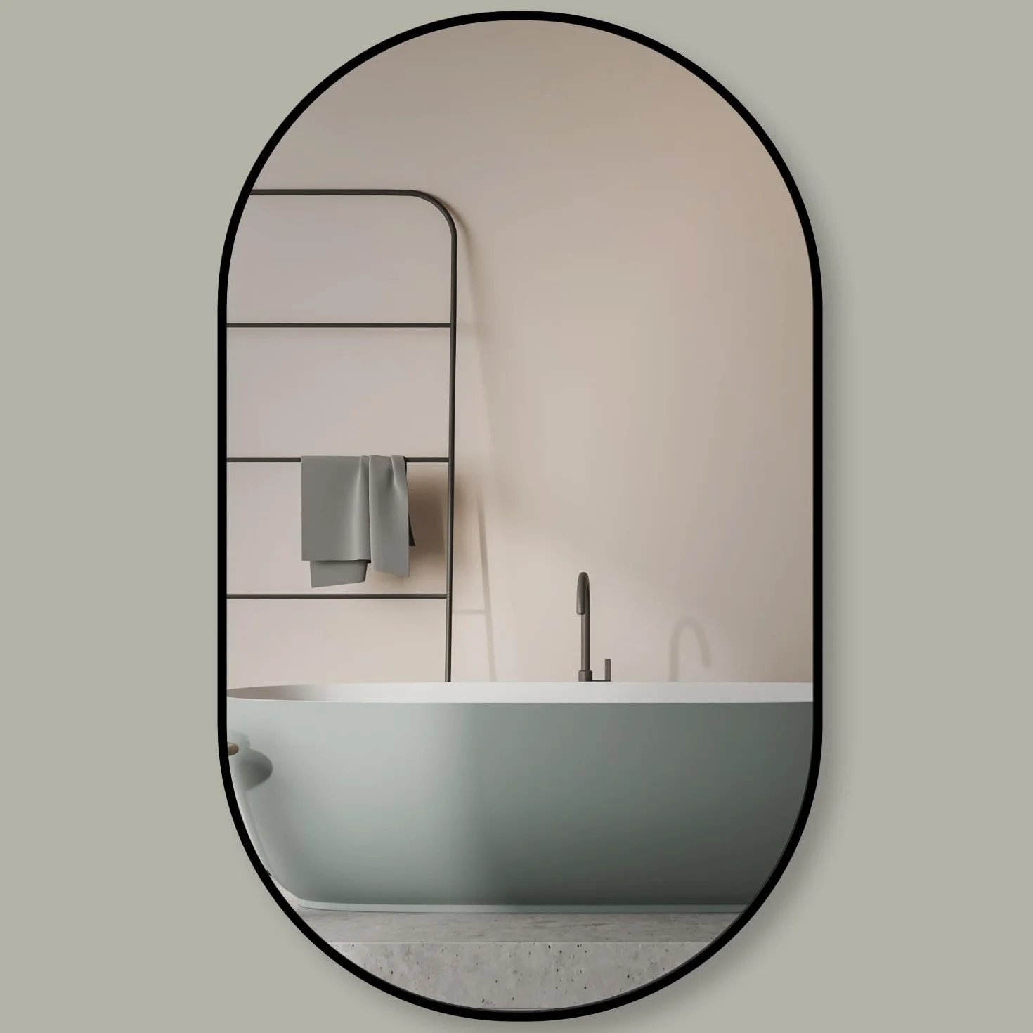 HOKO® Designerskie lustro ścienne owalne 60 x 100 cm z metalową ramą matową czarną. Możliwość montażu WYSOKIEGO i POPRZECHOWEGO Owalne lustro do łazienki, korytarza, sypialni. Lustro designerskie z