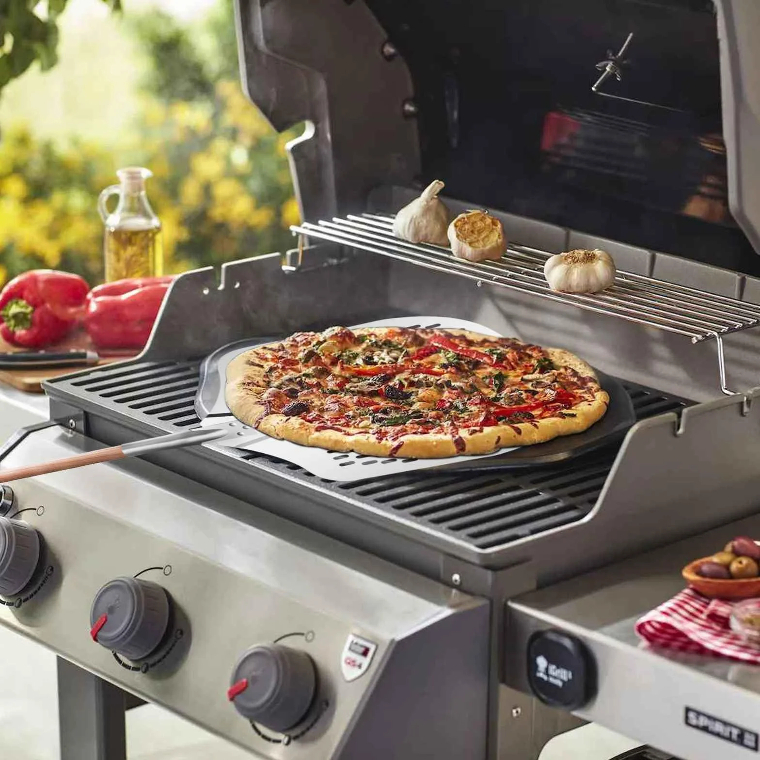 Gute Perforowana łopatka do pizzy, łopatka do pizzy, z twardego aluminium, 3-częściowy zestaw 138 cm długości, duża łopatka do pizzy ze zdejmowanym długim drewnianym uchwytem, łopatka do pizzy do