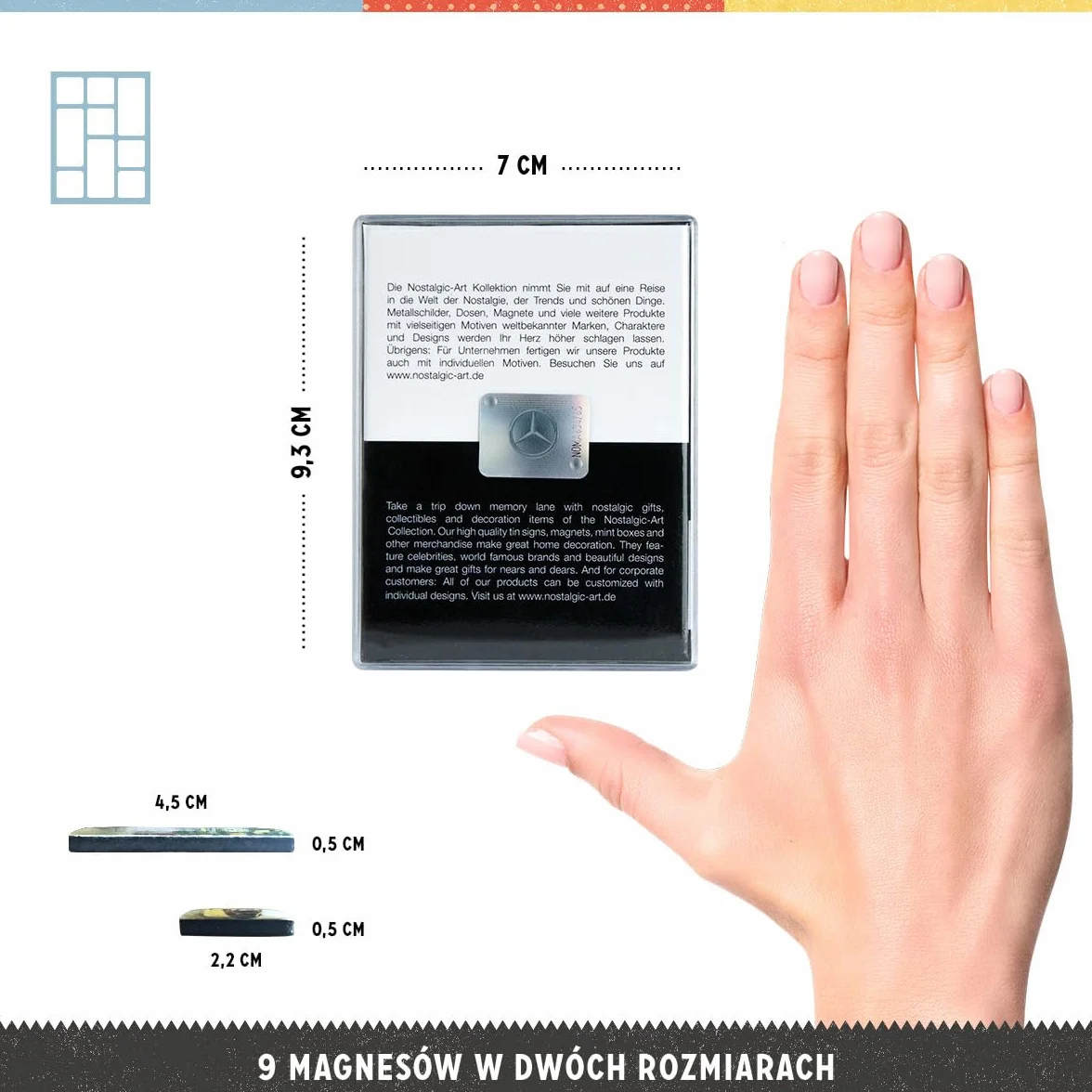 Nostalgic-Art Retro magnesy na lodówkę, 9 sztuk, Mercedes-Benz – Logo Evolution – Pomysł na prezent dla miłośników Mercedesa, Official License Product (OLP), zestaw magnesów, Styl vintage