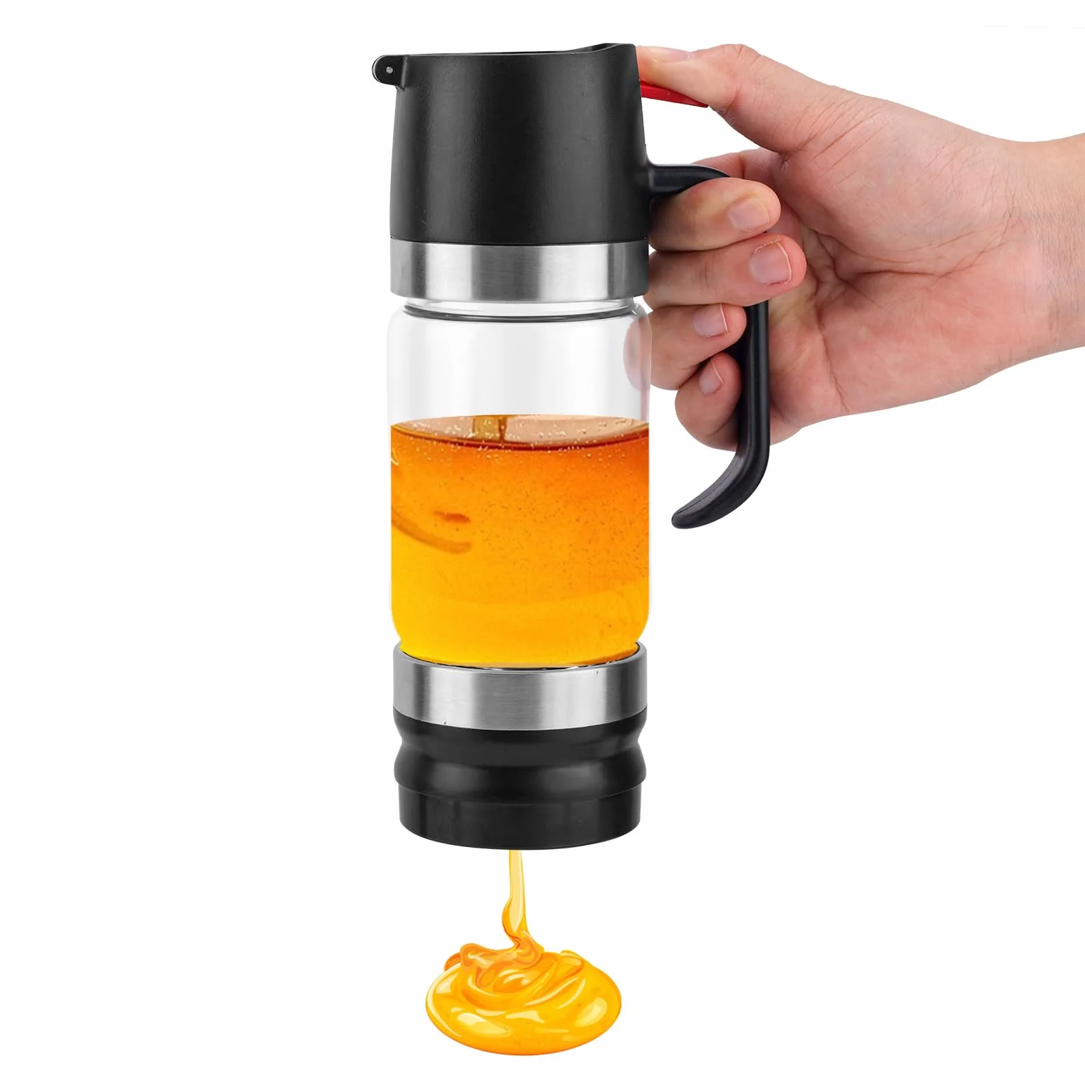 Dozownik do Miodu, Szklany Dozownik do Miodu z Zabezpieczeniem Antykapowym i Podstawa 300ml Szklany Sloik na Miód z Uchwytem Pojemnik na Miód do Syropu Miodowego Kawy i Herbaty (Czarny)